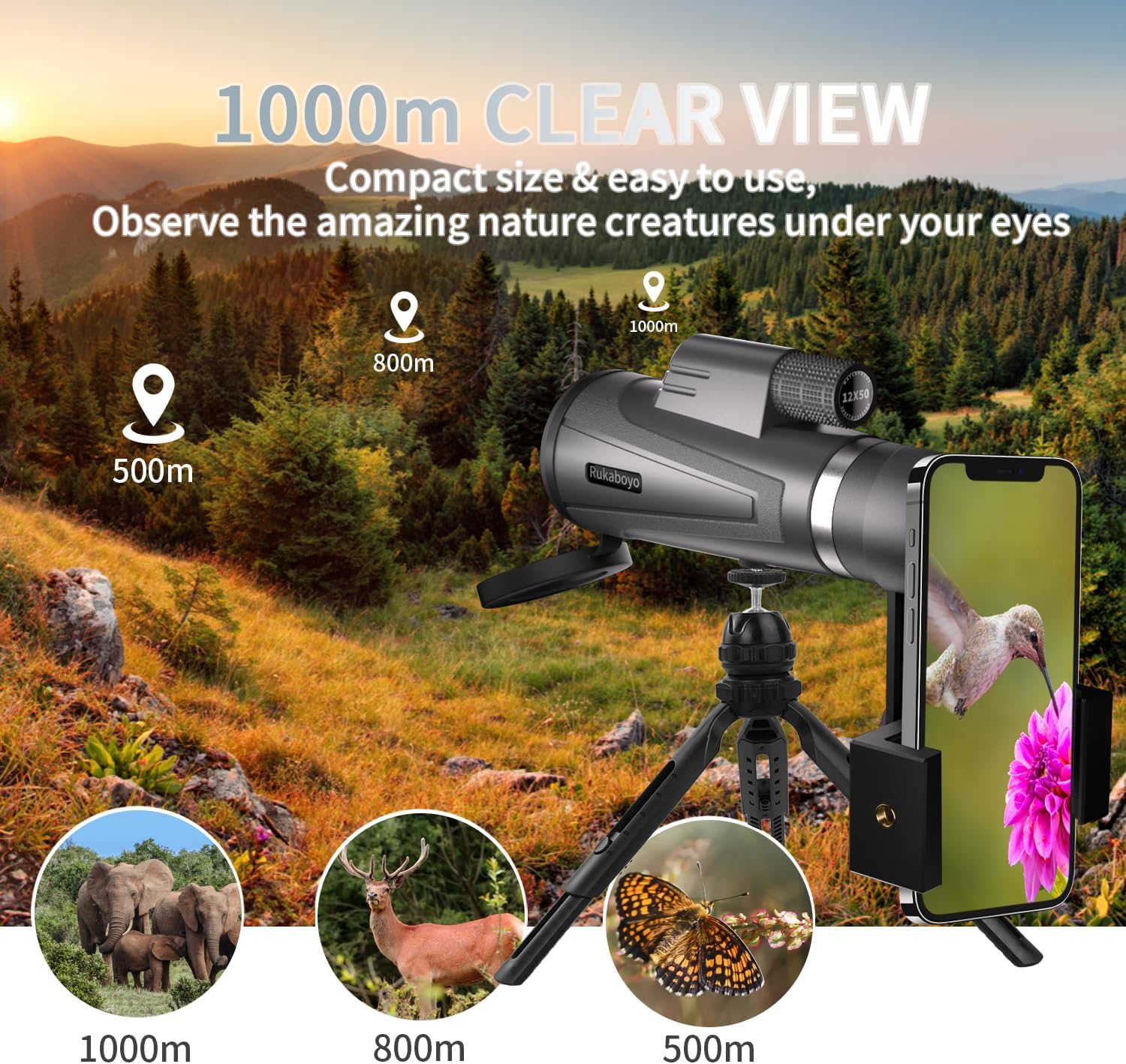 12X50 HD Monocular Telescope High Powered with Smartphone Adapter &Tripod - BAK4 Prism Monocular for Wildlife Bird Watching Hunting Travel Camping Stargazing Hiking(Black) - Image 3