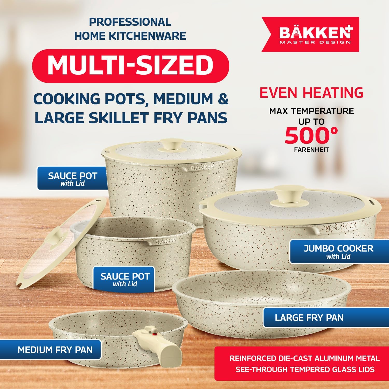Bakken Master 38 Piece Granite Cookware and Bakeware Set – Nonstick Granite Coating, Pots and Pans with Detachable Handles and Tempered Glass Lids, 6-piece Bakeware set, 12-piece Mixing Bowls, White - Image 4
