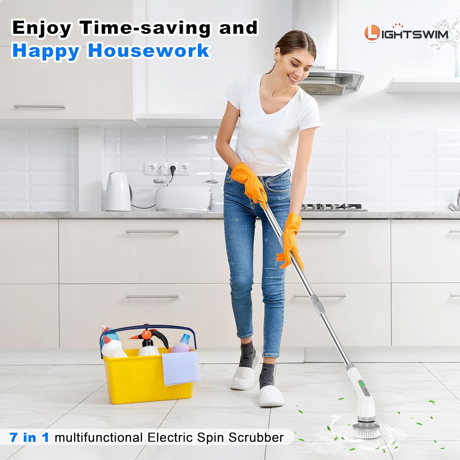 Electric Spin Scrubber, Upgrade 7 in 1 Electric Cleaning Brush,420RPM Powerful Cleaning, 1.5H Bathroom Scrubber Dual Speed with Extension Arm for Kitchen, Car, Tile, Wall, Floor, Shower - Image 3