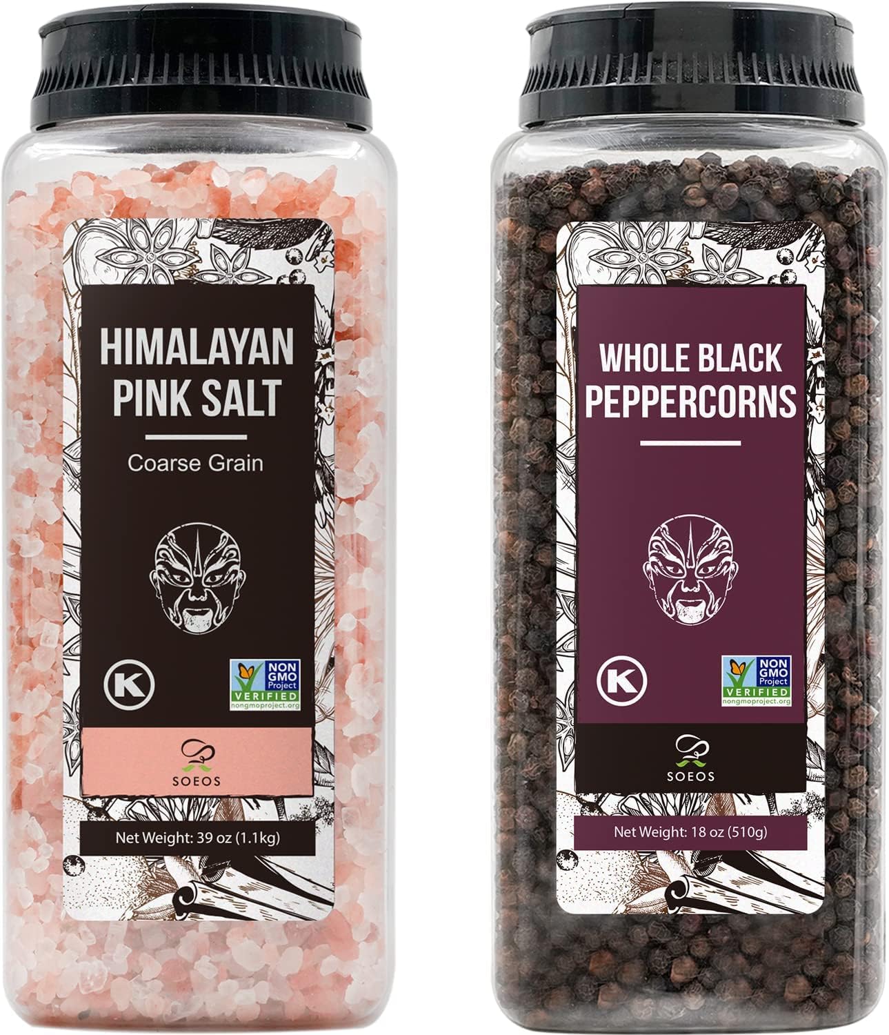 Soeos Himalayan Pink Salt 39 oz + Whole Black Peppercorns 18 oz, Coarse Grain, Kosher Salt for Grinder Refill, Salt and Pepper Grinder, Non-GMO Verified, Spice Seasoning Set for Cooking - Image 2