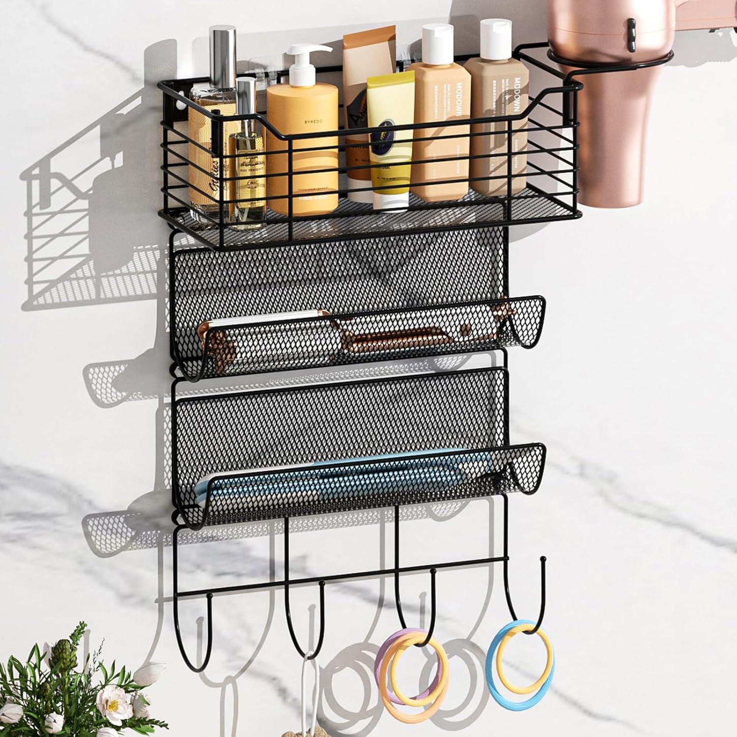 VITVITI Metal Hair Tool Organizer Wall Mount, Hair Dryer Holder with 3 Tier Shelf Basket Hooks, Bathroom Hair Styling Tool Organizer for Curling Iron/Blow Dryer/Straightener, Matte Black - Image 2