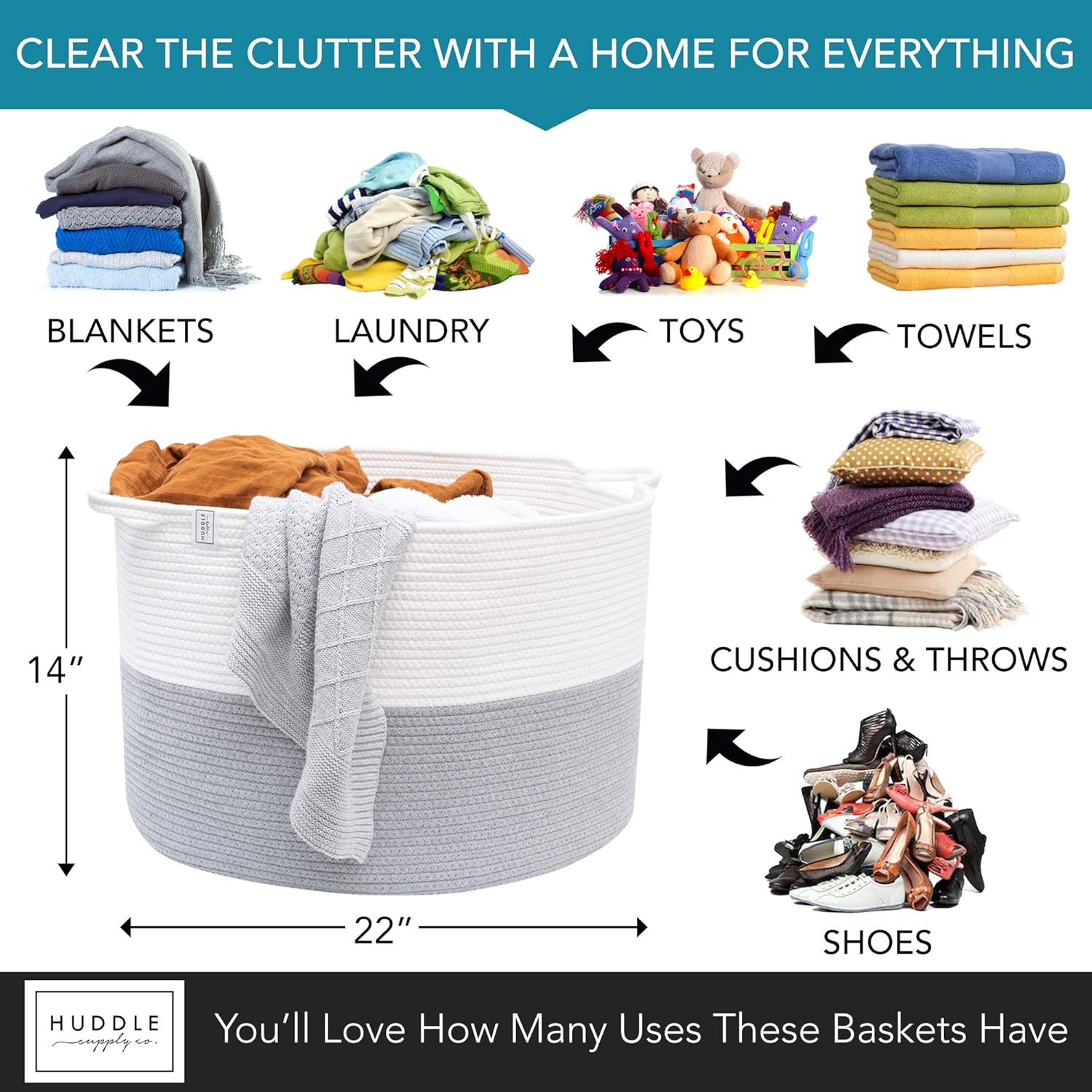 XXXL WASHABLE Blanket Basket Large 2PCs Blanket Storage Living Room - XXX Large Basket for Storing Blankets Toy Basket + Small Basket | Basket for Blankets (Grey and White) - Image 7