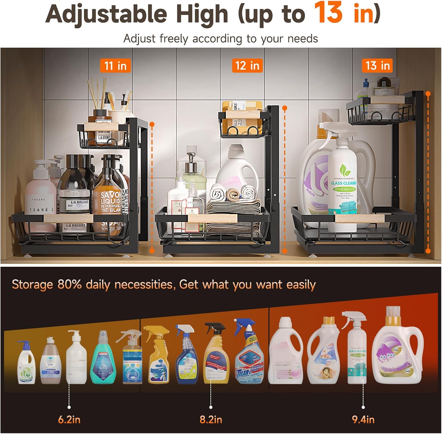 2 Packs Under Sink Organizer, High Adjustable 2 Tier Under Kitchen sink organizer, Multi-Purpose Storage Shelf for Kitchen Bathroom Cabinet, Black - Image 3