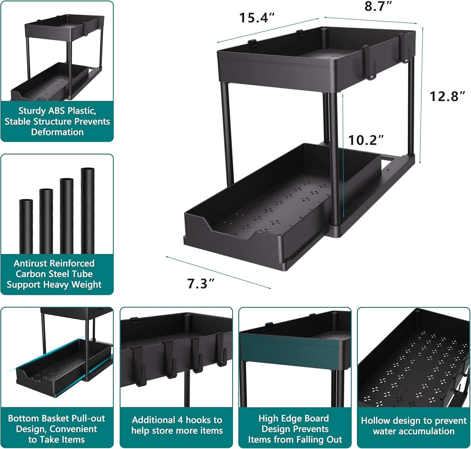 2 Pack Under Sink Organizer, 2 Tier Bathroom Cabinet Organizer with Sliding Basket, Multi-Purpose Under Sink Organizers and Storage for Bathroom Kitchen - Image 5