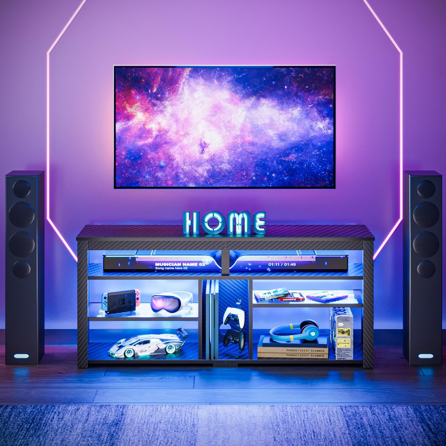 Bestier LED Tall TV Stand, Entertainment Center for 55/60/65 Inch, Gaming Console With Storage for PS4, Adjustable Shelf Modern High Cabinet for Living Room Bedroom, Carbon Fiber Black - Image 9
