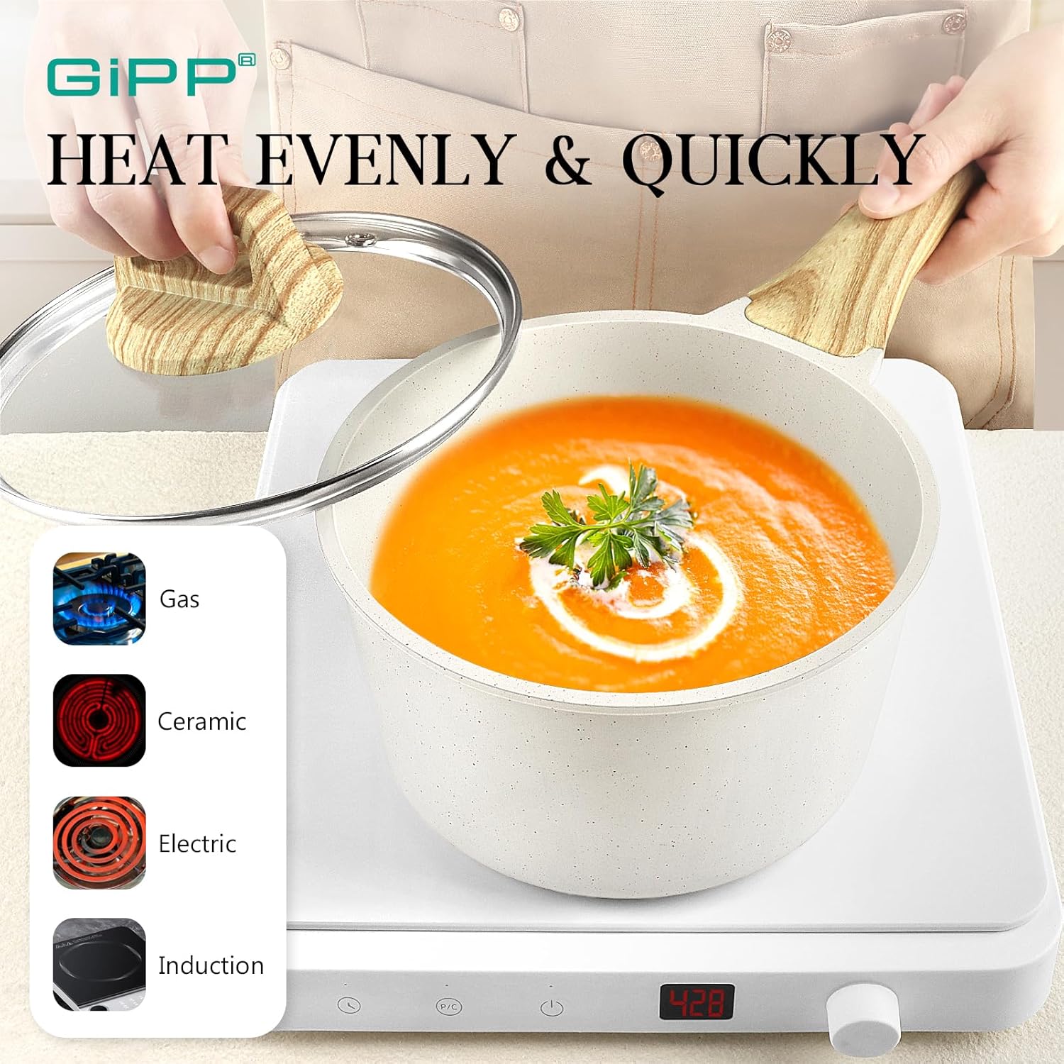 GiPP Pots and Pans Set Non Stick - 14 Pcs White Granite Kitchen Cookware Sets Nonstick Induction Cookware Cooking Pan Set with Frying Pans, Saucepans and Silicone Utensils, PFOS & PFOA Free - Image 4
