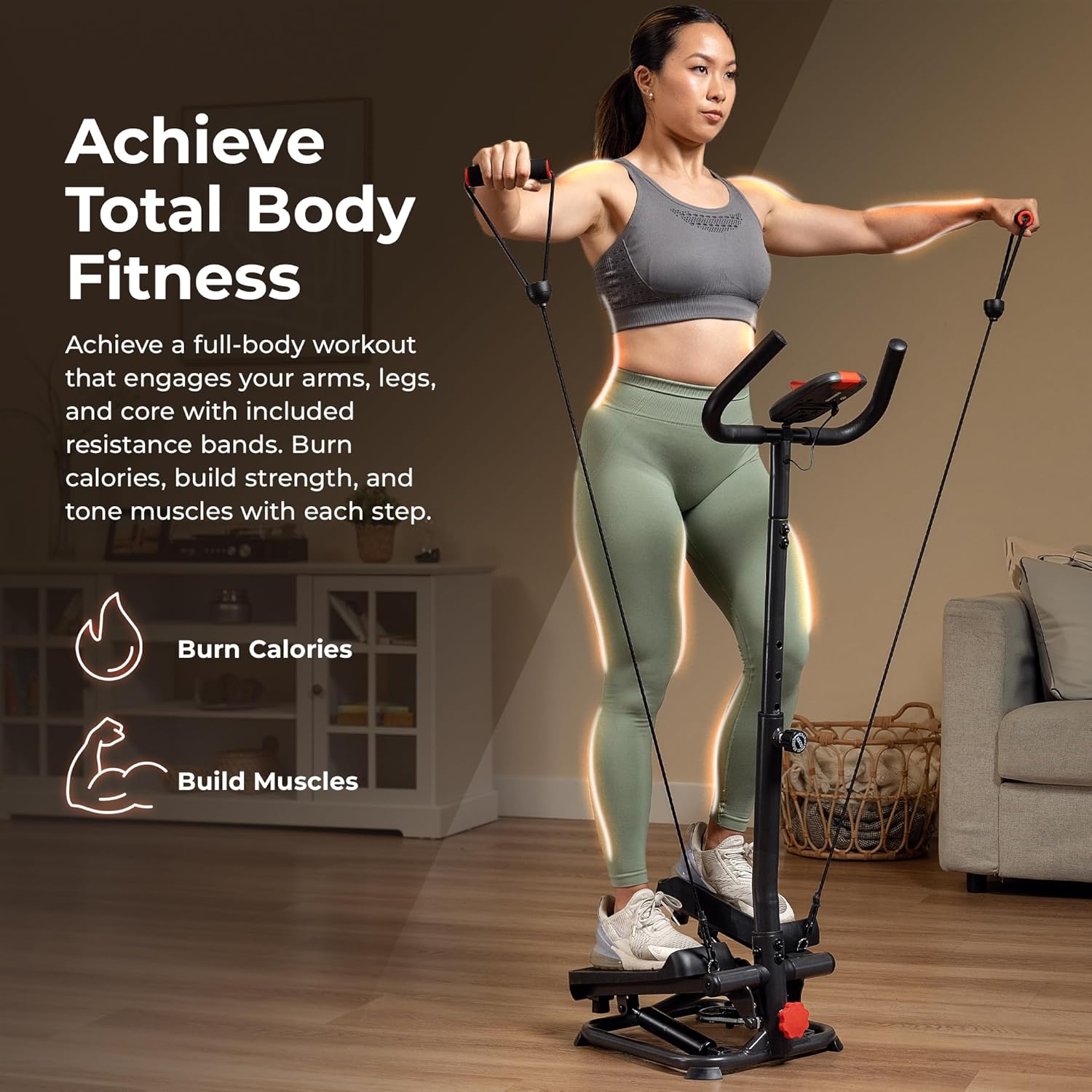 Sunny Health & Fitness Total Body 2-in-1 Smart Stepper Machine for Home with Handlebar and Resistance Bands, Total Body Workout, Adjustable Hydraulic, LCD Monitor, Non-Slip Pedals – 330 LB Max Weight - Image 3