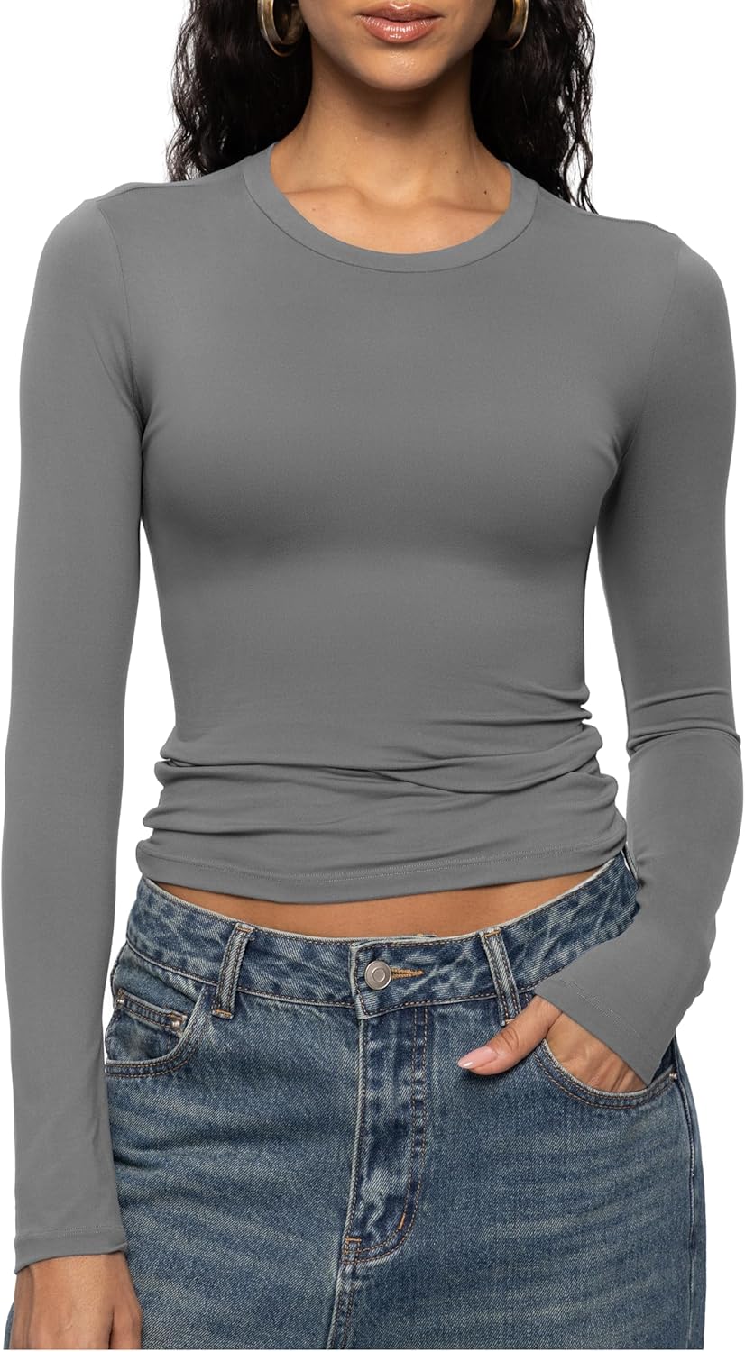 Enerful Women's Long Sleeve Shirts Crew Neck Slim Fitted Going Out Crop Casual Tops Basic Tees - Image 2
