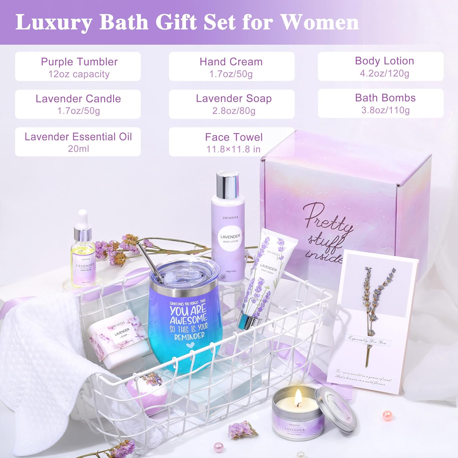 Gifts for Women, Birthday Gifts Spa Gifts Baskets for Women Bubble Bath and Body Gifts Set Lavender Gifts for Mom Her Female Sister Mother Teacher Wine Tumbler Purple - Image 6