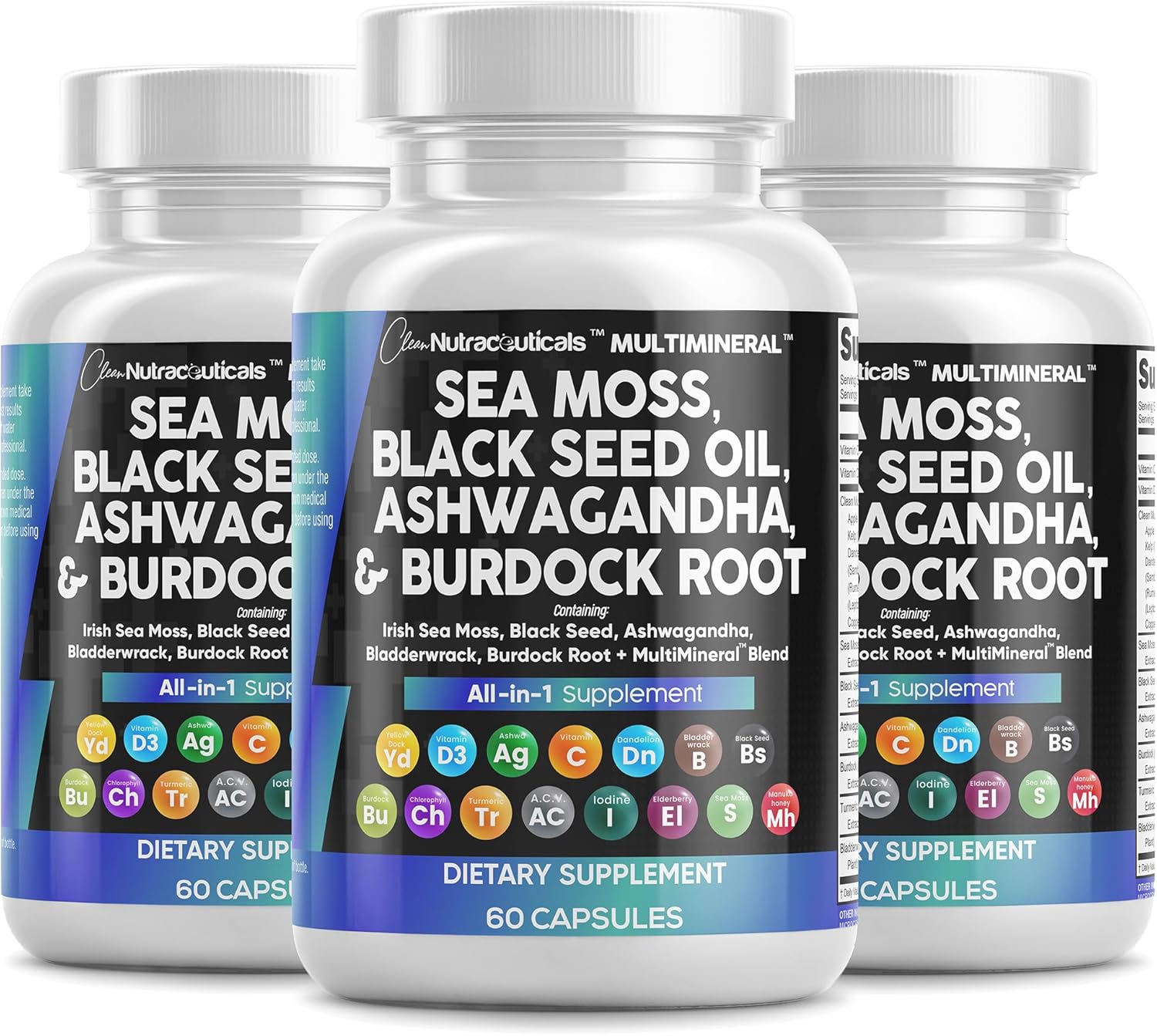 Sea Moss Black Seed Oil Ashwagandha Turmeric Bladderwrack Burdock & Vitamin C Vitamin D3 with Elderberry Manuka Dandelion Yellow Dock Iodine Chlorophyll ACV - 3Pack - Image 2