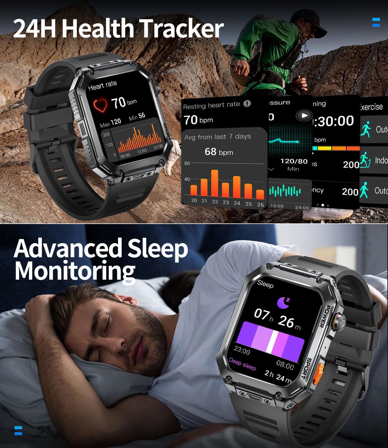 SUNKTA Military Smart Watch for Men with Answer/Make Calls,1.96'' HD Touchscreen,100+ Sports Modes Fitness Watch with Sleep Monitor/Blood Pressure/Heart Rate IP68 Waterproof Rugged Smartwatch Black - Image 4