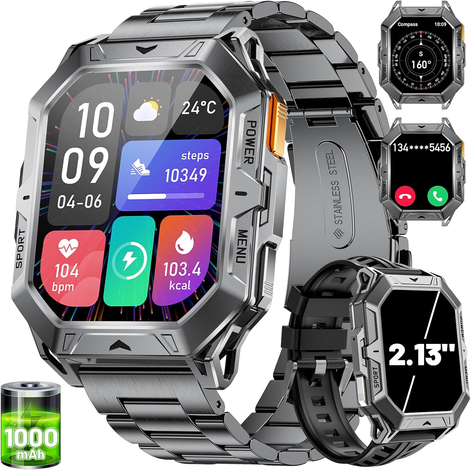 Smart Watches for Men with 100+Day Standbytime(1000mAh, Smart Watch with 2.13" AMOLED, Make/Answer Call, 110 Sports Modes, Military Waterproof, Sleep Monitor, iOS Android Fitness Tracker - Image 2
