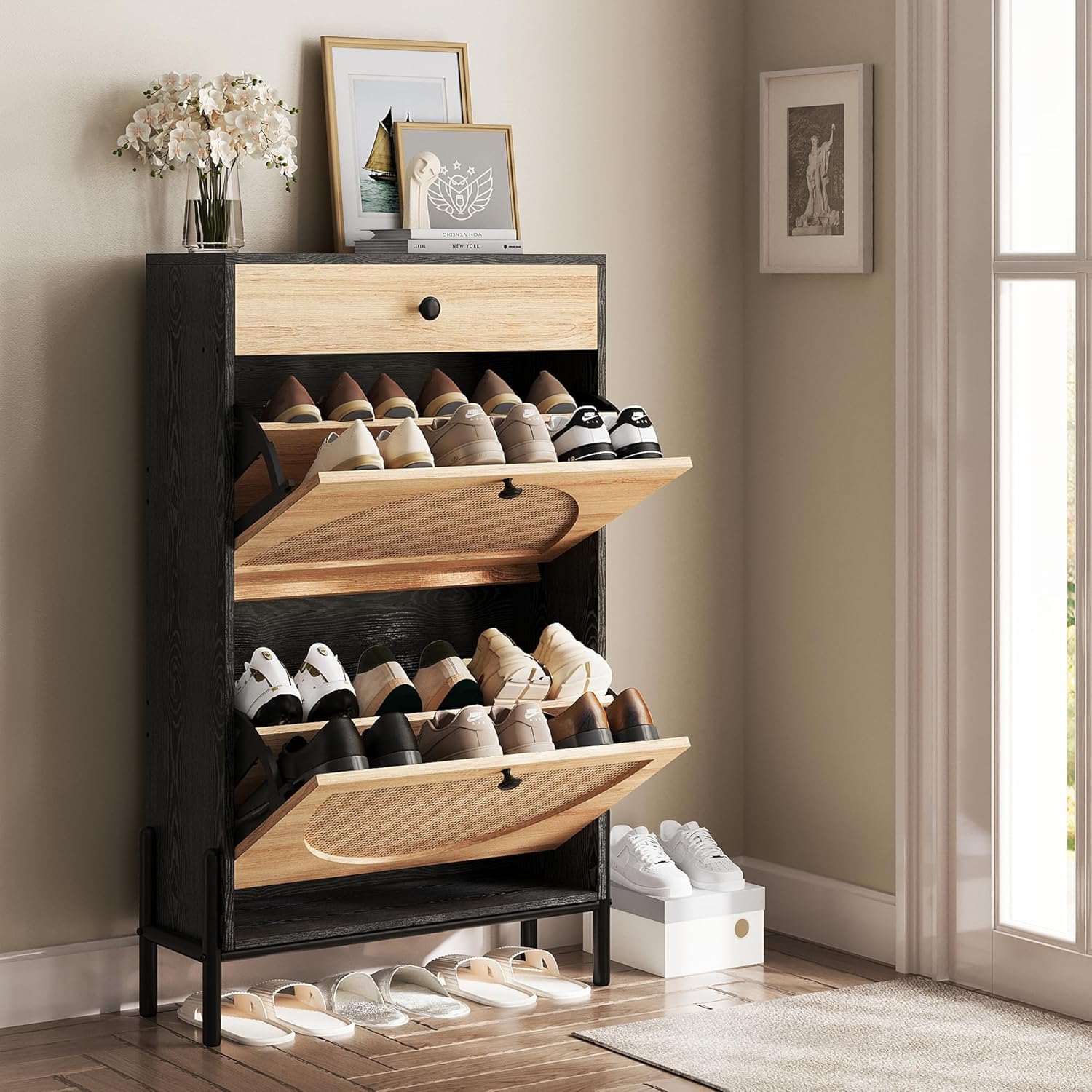 IRONCK Shoe Cabinet with 2 Flip Drawers, Shoe Storage Cabinet for Entryway, Free Standing Shoe Storage Organizer with Rattan Doors Slim Narrow Shoe Rack Cabinet, Black - Image 9