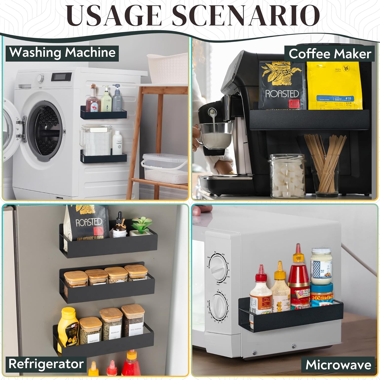 4-Pack Magnetic Spice Rack Set with Hooks, Grocery Notepad & Pen - Space-Saving Kitchen Organizer for Spices & Jars - Image 6