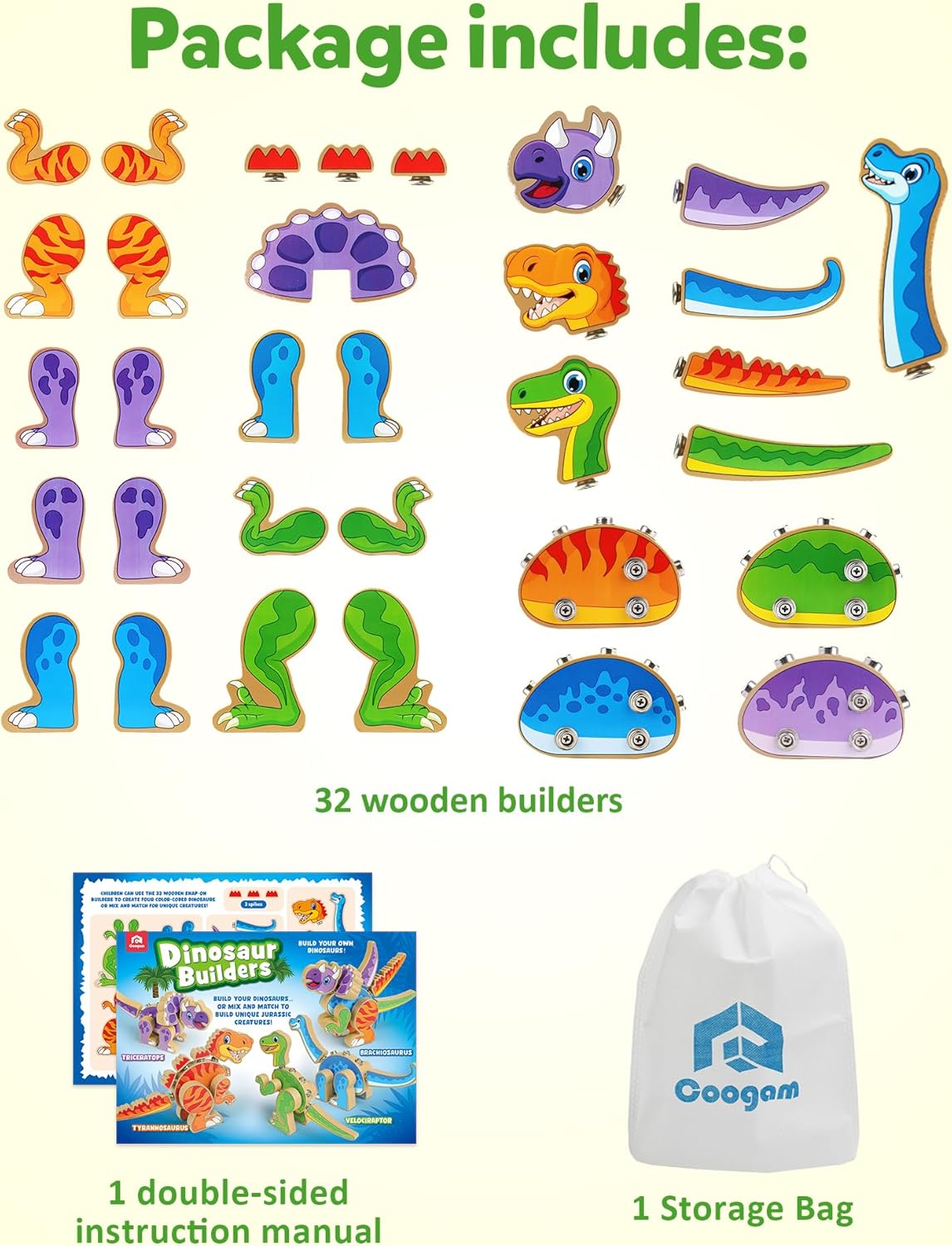 Coogam Build Your Own Dinosaurs Toy, Snap Together Building Dinosaurs Playset, Wooden STEM Take Apart Dinosaur Builder, Montessoi Fine Motor Building Toy Gift for 3 4 5 Years Old Kids - Image 5