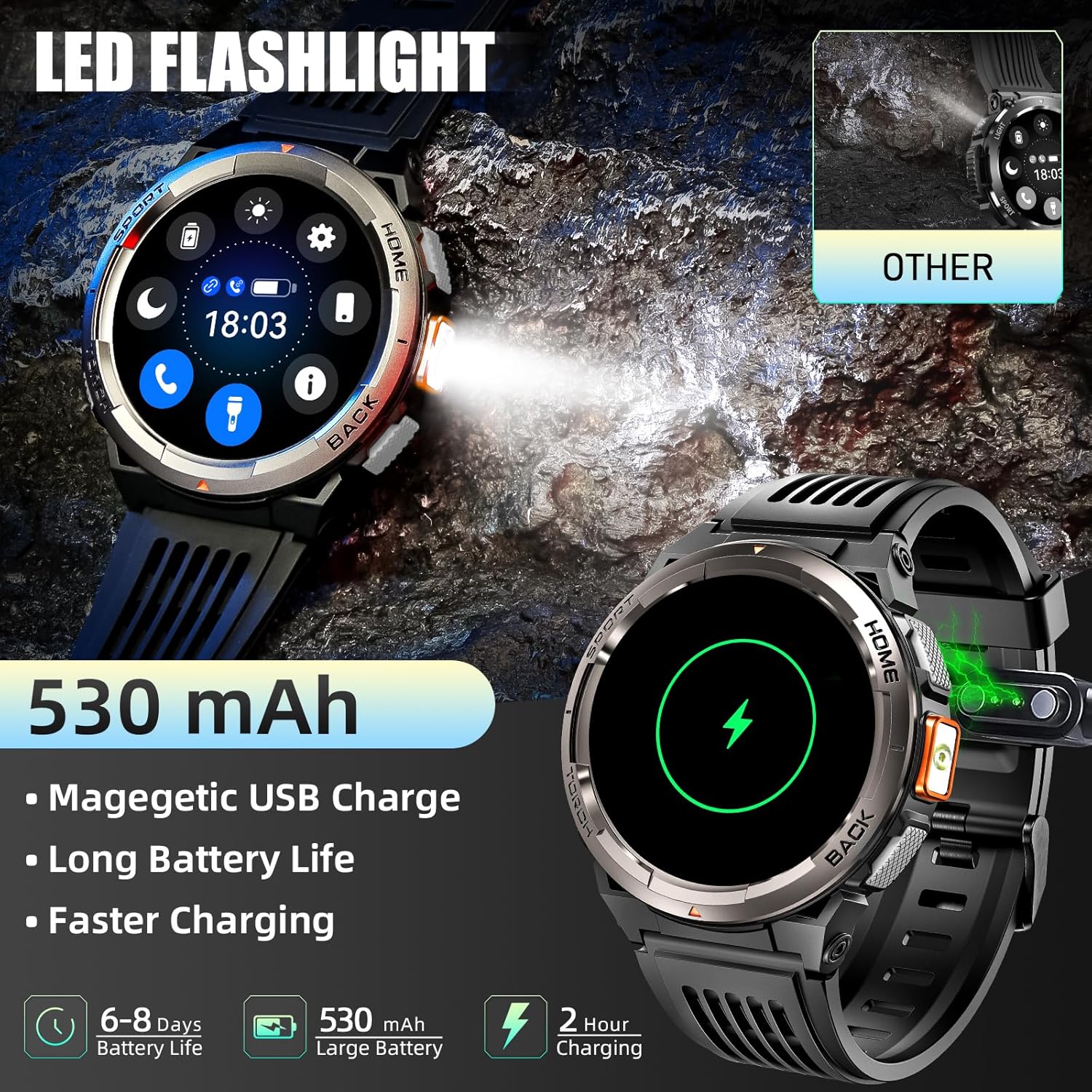Military Smart Watch for Men with Call/LED Flashlight/3ATM Waterproof 1.45" HD Rugged Tactical Smartwatch with Compass Elevation Barometer Fitness Tracker with HR/SPO2/Sleep Monitor for iPhone Android - Image 3