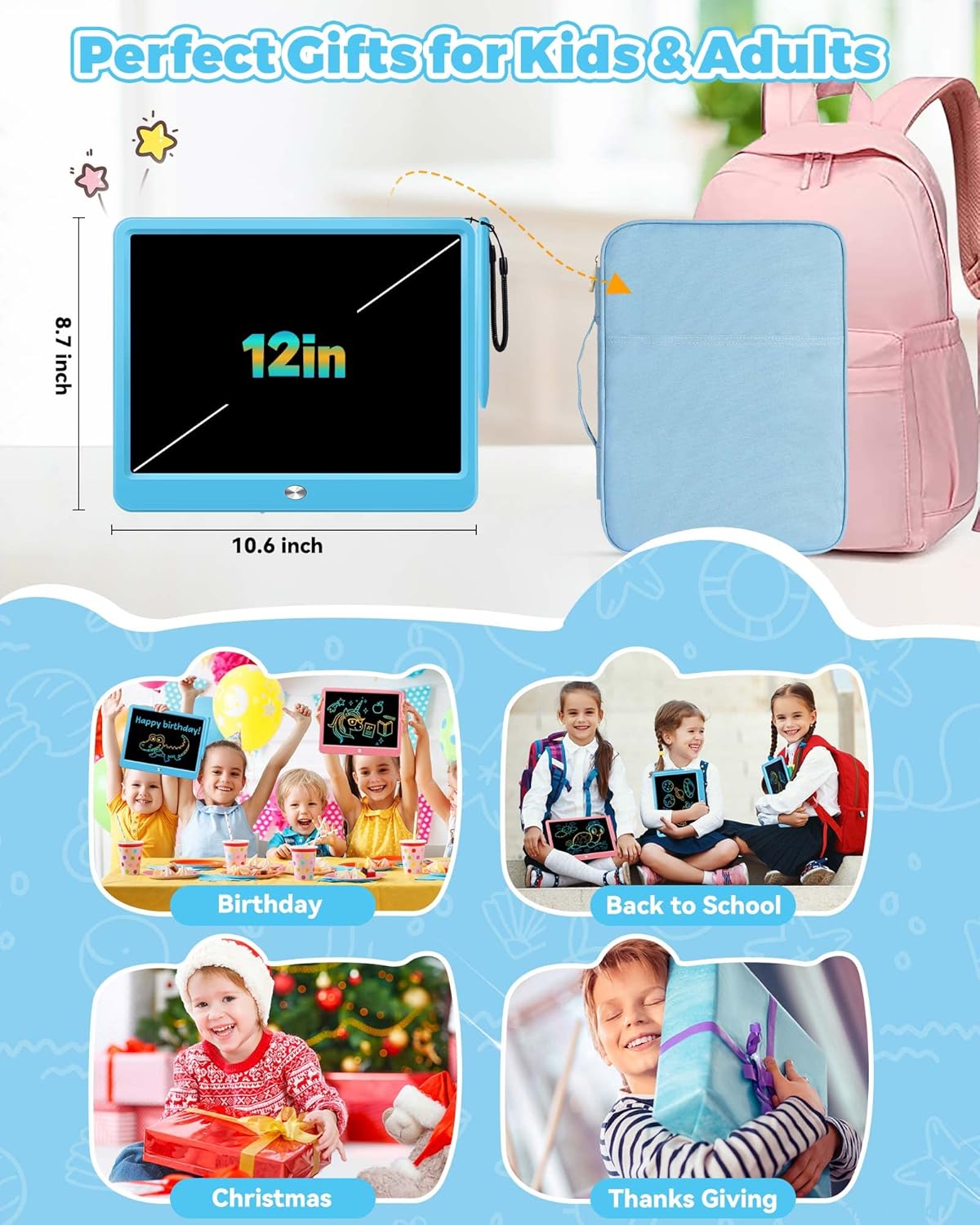 KOKODI 12 Inch LCD Writing Tablet with Anti-Lost Stylus, Erasable Doodle Board Colorful Toddler Drawing Pad, Car Travel School Games Toys for 3 4 5 6 7 8 Kids, Birthday Gift for Girls Boys Adults Blue - Image 9