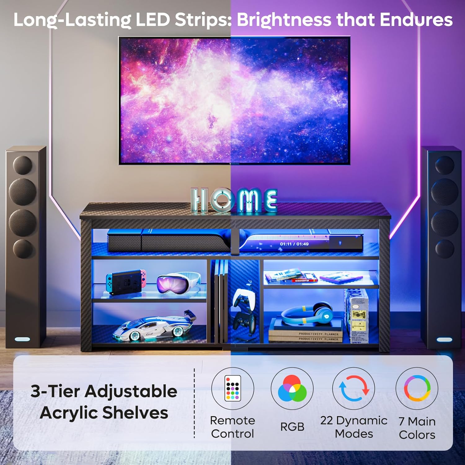 Bestier LED Tall TV Stand, Entertainment Center for 55/60/65 Inch, Gaming Console With Storage for PS4, Adjustable Shelf Modern High Cabinet for Living Room Bedroom, Carbon Fiber Black - Image 5