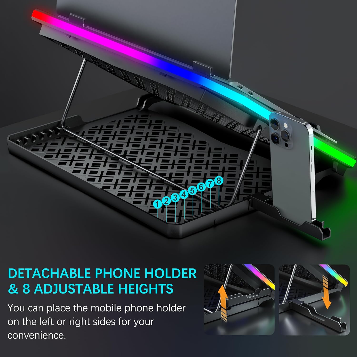Laptop Cooling Pad RGB Gaming Notebook Cooler for Desk and Lap Use, MOOJAY Laptop Fan Stand 8 Adjustable Heights with 8 Quiet Fans and Phone Holder, for 15.6-17.3 Inch Laptops - Blue LED Light - Image 5