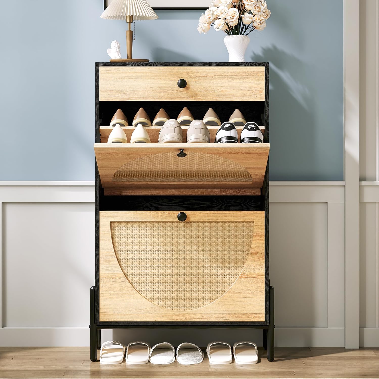 IRONCK Shoe Cabinet with 2 Flip Drawers, Shoe Storage Cabinet for Entryway, Free Standing Shoe Storage Organizer with Rattan Doors Slim Narrow Shoe Rack Cabinet, Black - Image 10