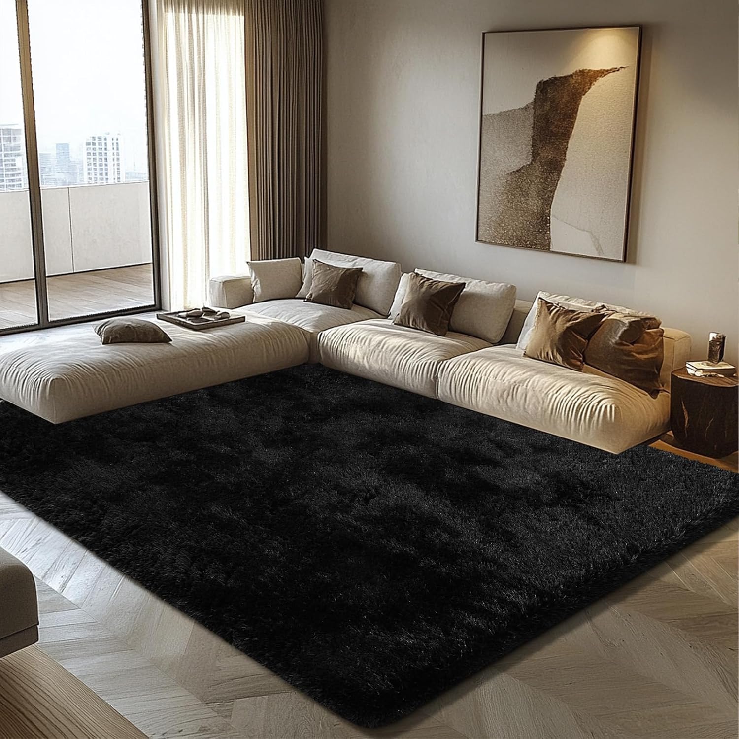 Ultra Soft Fluffy Area Rugs for Bedroom Living Room 5x8, Nursery Rug, Non-Slip Carpet for Kids Dorms Decor, Shaggy Bedside Rug, Black - Image 2
