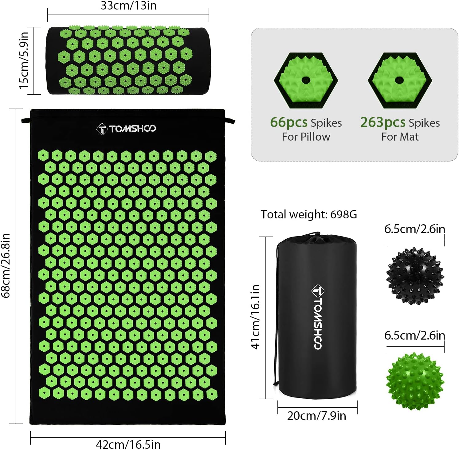 TOMSHOO Acupressure Set, Acupressure Mat and Pillow with 2pcs Massage Balls- Pain Relief Therapy Muscle Back Neck with Travel Bag for Men and Women - Image 3