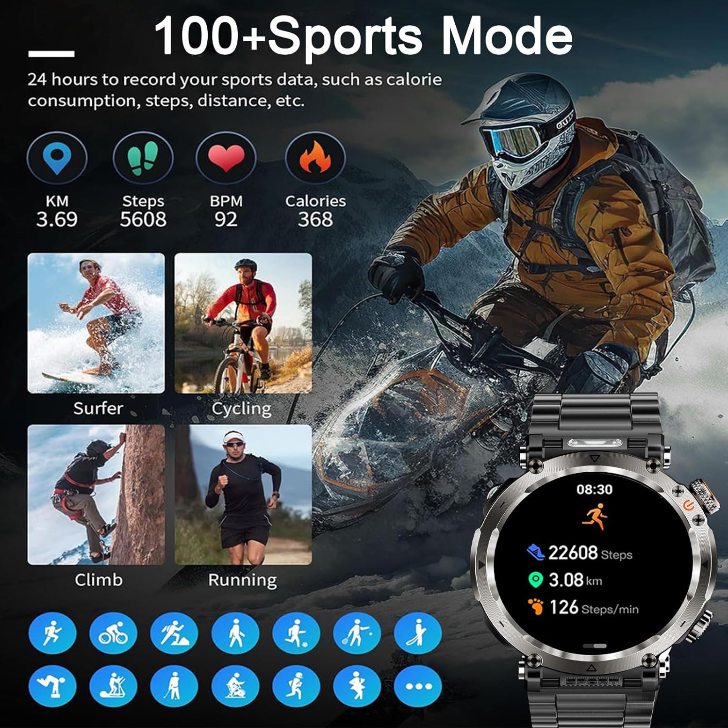 Military Smart Watches for Men, Smartwatch Sport LED Flashlight Outdoor Compass Bluetooth Answer/Dial Call 1.7" Fitness Tracker 600 mAh Large Battery Two Straps for Android/iOS - Image 4