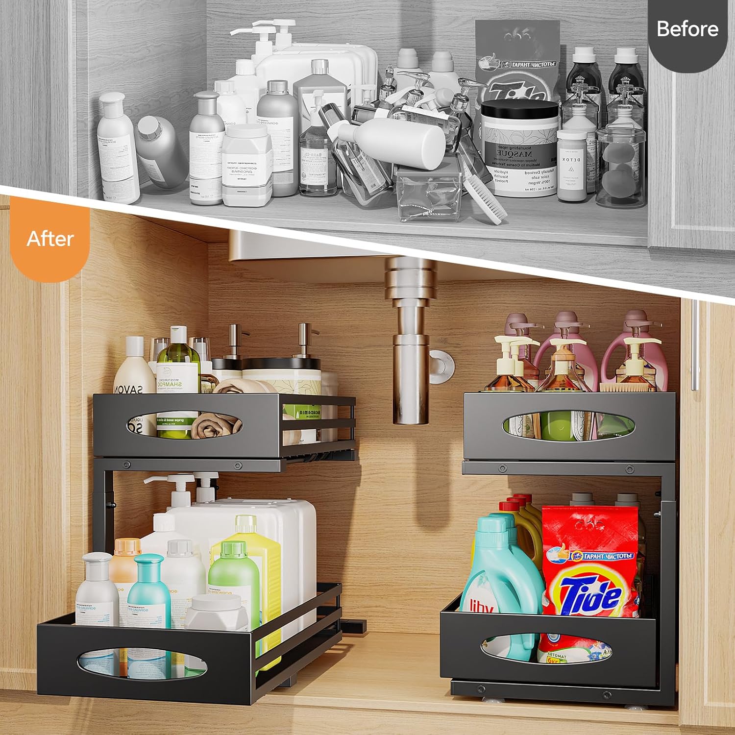 Under Sink Organizer, Pull Out Cabinet Organizers, Slide Sink Steel Shelf Cabinet Storage Shelves, Under Sink Storage for Kitchen Bathroom Cabinet (Black, 2 Pack) - Image 4