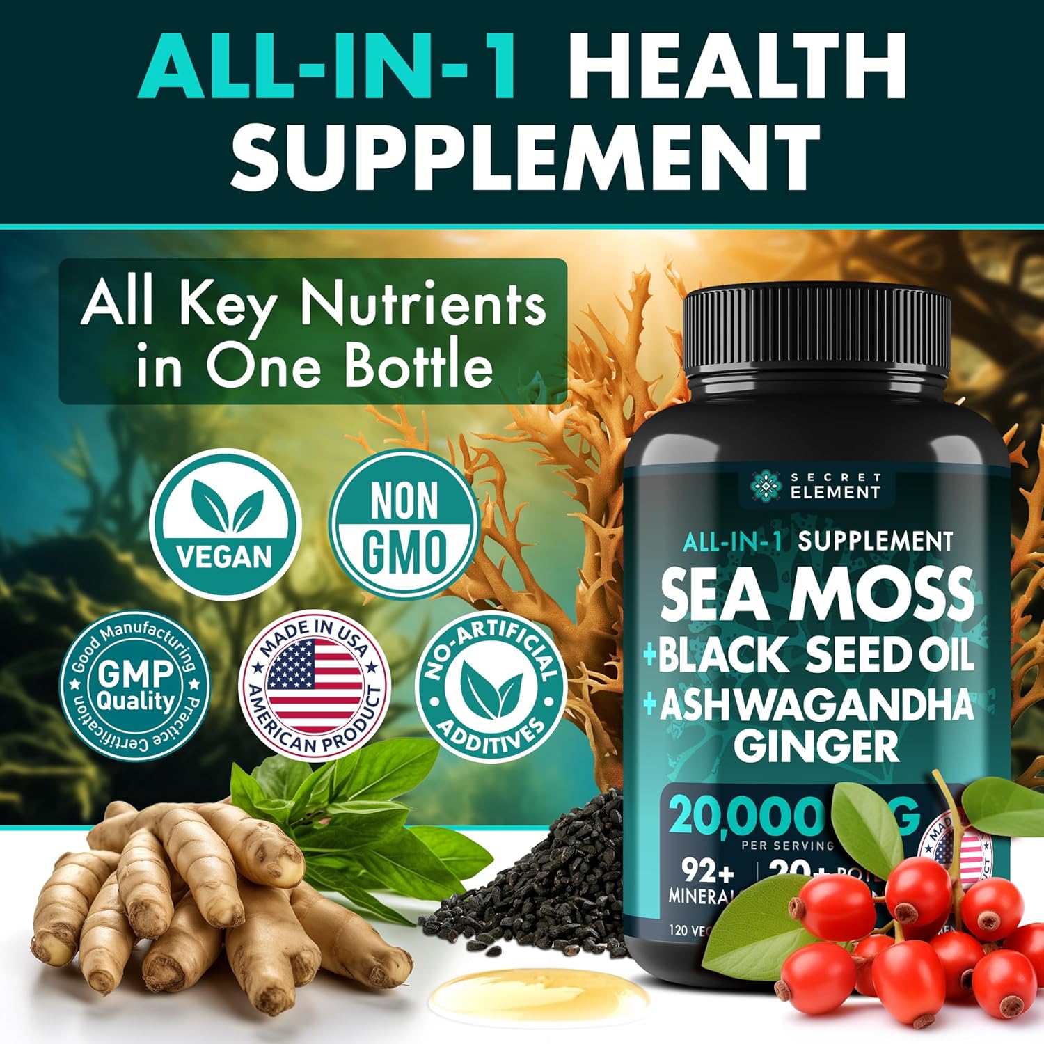 Irish Sea Moss Black Seed Oil Ashwagandha Ginger, 20,000mg Capsules, Seamoss Black Seed Oil Ashwagandha Burdock Root, All in One Supplement, 120 Capsules - Image 3