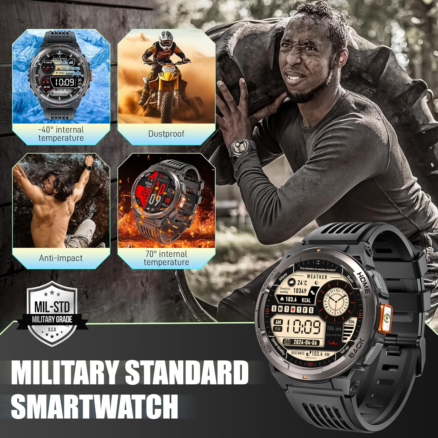 Military Smart Watch for Men with Call/LED Flashlight/3ATM Waterproof 1.45" HD Rugged Tactical Smartwatch with Compass Elevation Barometer Fitness Tracker with HR/SPO2/Sleep Monitor for iPhone Android - Image 7