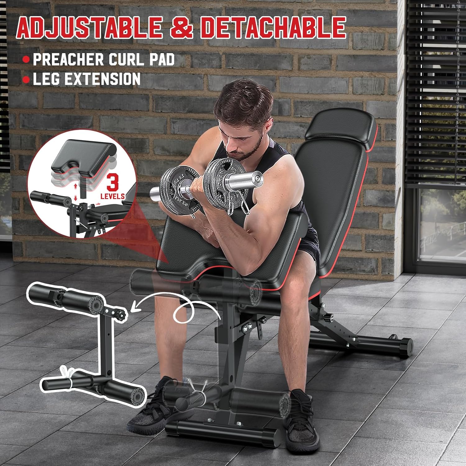 XDDIAS Workout Bench, Adjustable Weight Bench with Leg Extension and Leg Curl, Extended Headrest, 900LBS Preacher Curl Bench Incline Decline Flat Workout Bench for Home Gym Full Body Exercise - Image 5