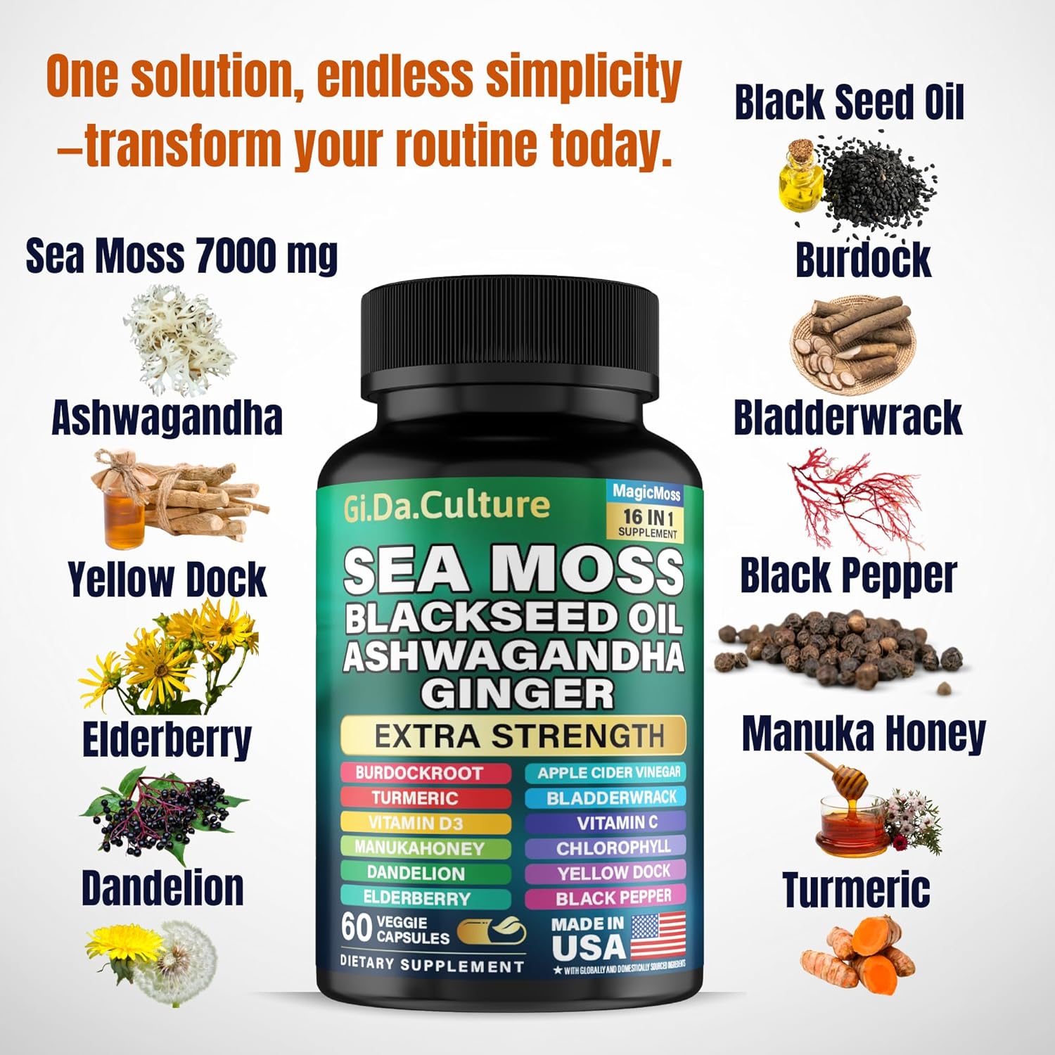 Sea Moss Capsules - Organic Irish Sea Moss Black Seed Oil Ashwagandha Ginger Burdock Root Bladderwrack Turmeric Black Pepper Vitamin C Vitamin D3-60 Veggie Capsules - Image 3