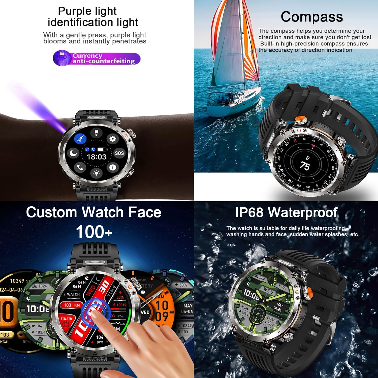Military Smart Watches for Men, Smartwatch Sport LED Flashlight Outdoor Compass Bluetooth Answer/Dial Call 1.7" Fitness Tracker 600 mAh Large Battery Two Straps for Android/iOS - Image 8