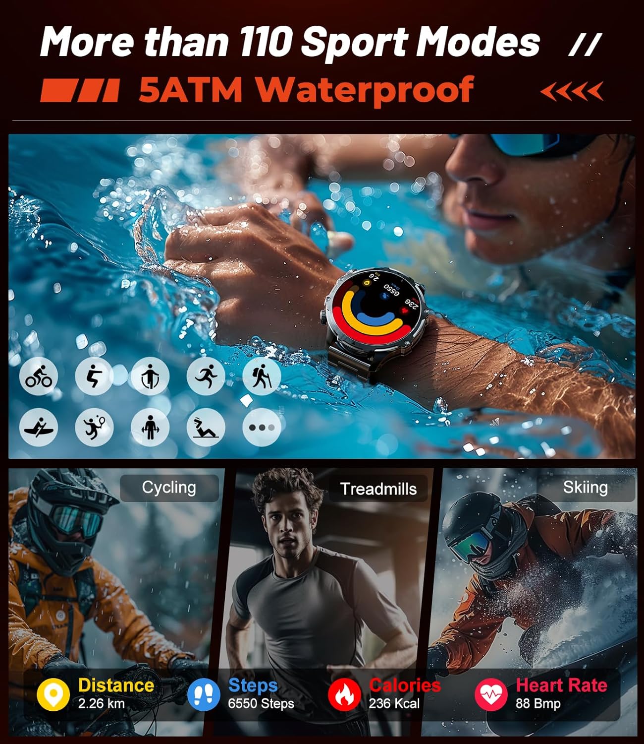 Military Smart Watch for Men,1.85" HD/800mAh Battery Smart Watches with LED Flashlight for Android iOS (Bluetooth Call Answer/Calls)Fitness Tracker with Heart Rate/Sleep Tracking/Blood Oxygen Black - Image 9