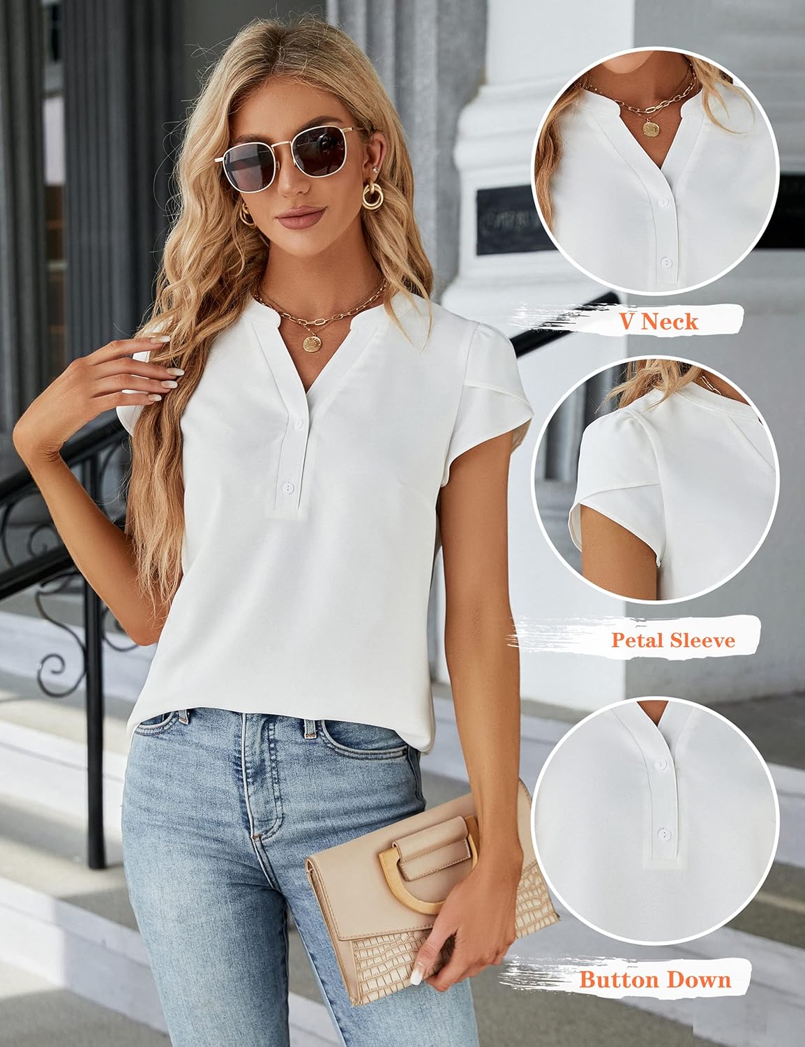 Blooming Jelly Women's Dressy Casual Tops Business Work Blouses White Button Down Shirts Cap Sleeve V Neck Tshirt - Image 8
