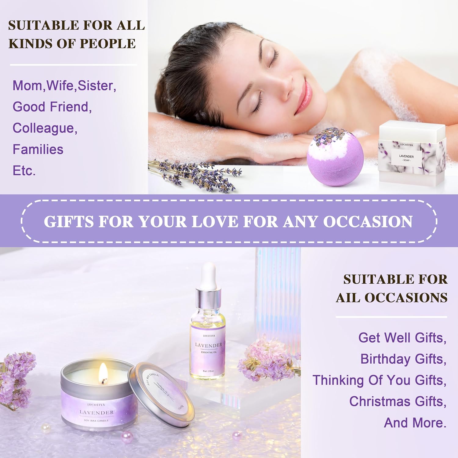 Gifts for Women, Birthday Gifts Spa Gifts Baskets for Women Bubble Bath and Body Gifts Set Lavender Gifts for Mom Her Female Sister Mother Teacher Wine Tumbler Purple - Image 5