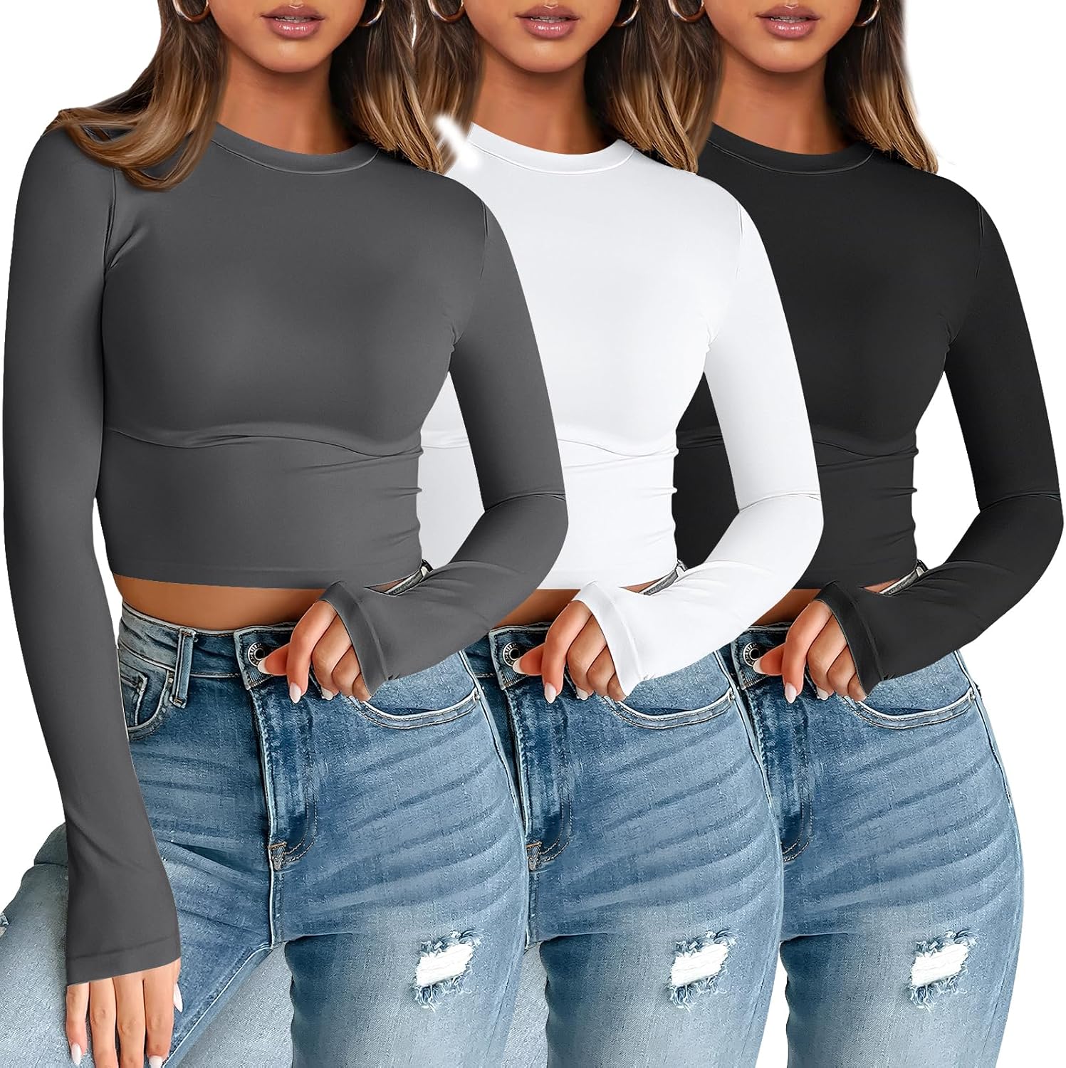 AUTOMET 3 Pack Womens Long Sleeve Shirts Y2K Going Out Crop Tops Cute Basic Slim Fitted Fall Fashion Outfits 2025 Clothes - Image 2