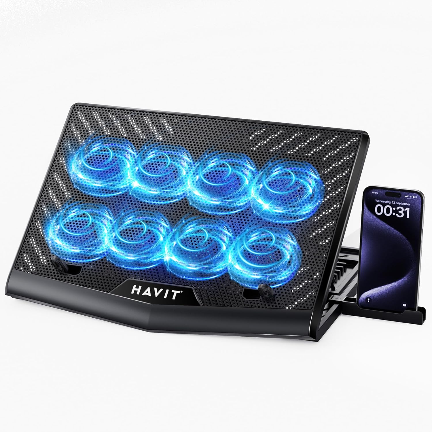 HAVIT Laptop Cooling Pad with 8 Cooling Fans, Laptop Cooler 6 Adjustable Heights for 12-15.6 Inch Laptops, Gaming Laptop Cooling Stand with a Phone Stand Two USB Ports - Image 2