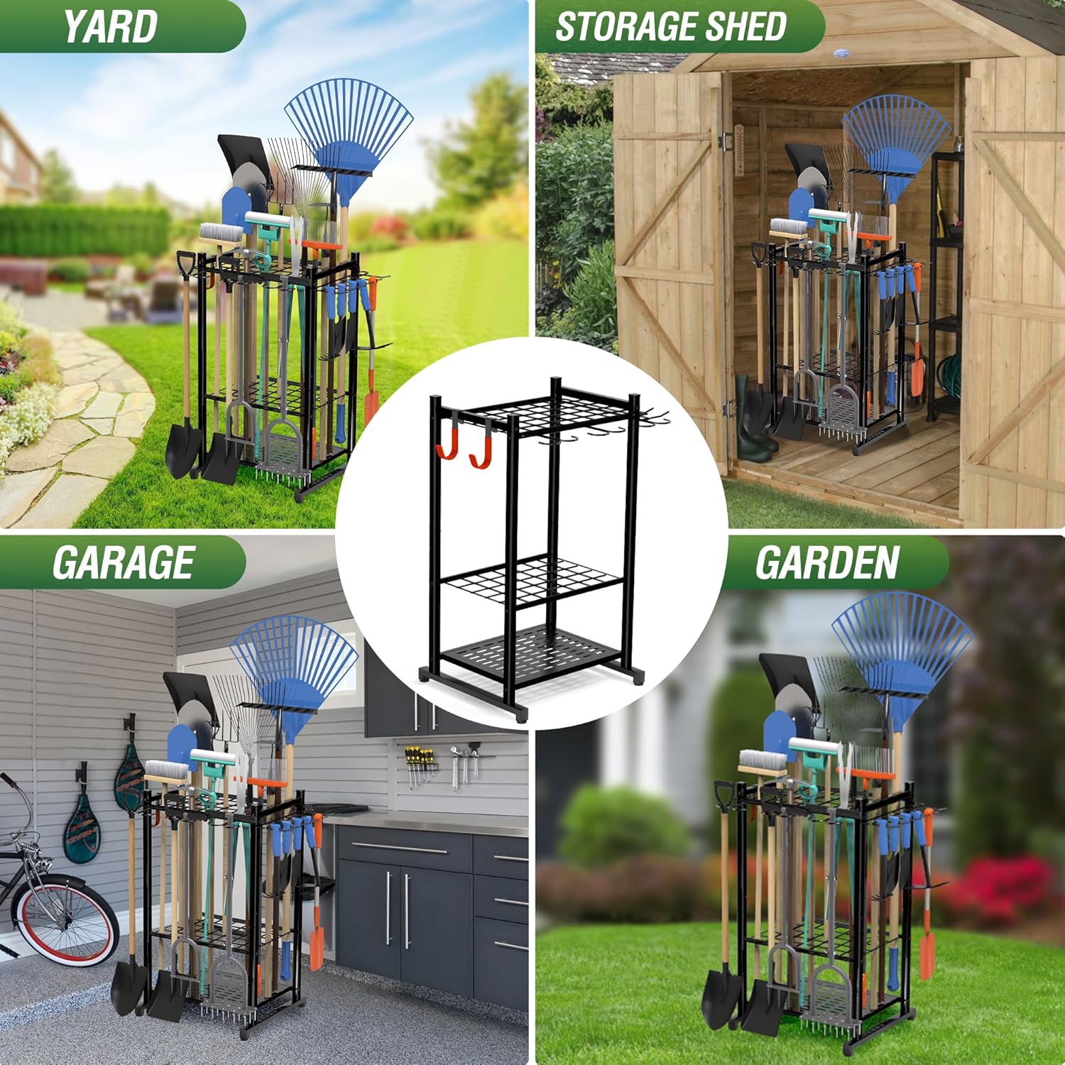 Garden Tool Organizer with Storage Hooks, Yard Tool Tower Rack for Garage Organization and Storage, Up to 50 Tools, Heavy Duty Steel Garden Tool Stand for Garage, Outdoor, Home, Black - Image 7