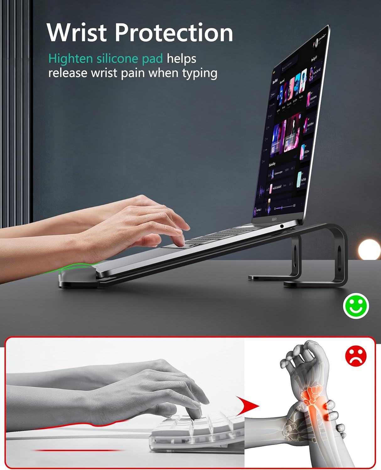 Ergonomic Laptop Stand for Desk, Ergonomic Computer Stand with Wrist Rest, Aluminum Portable Laptop Stands Holder Mount for MacBook Air Pro, All 10-17" Laptop, Black - Image 3