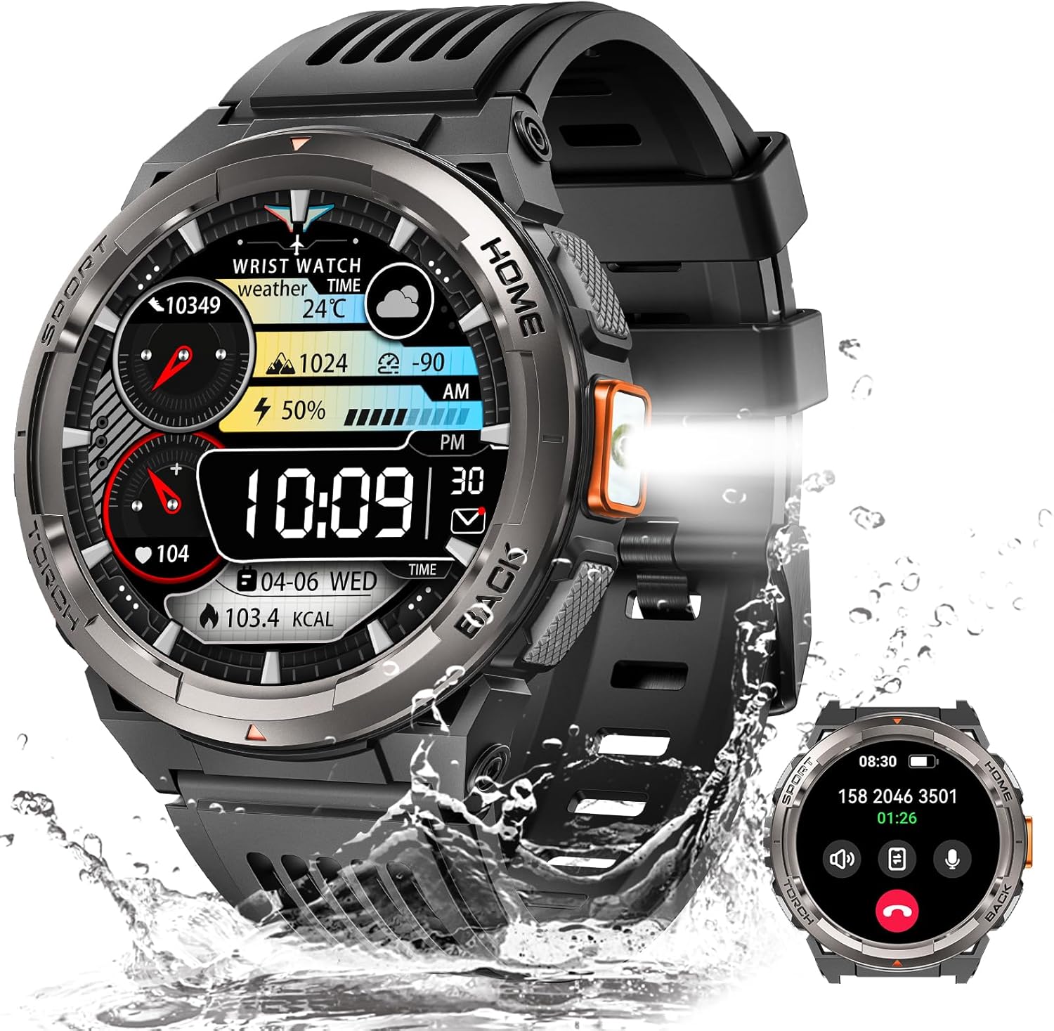 Military Smart Watch for Men with Call/LED Flashlight/3ATM Waterproof 1.45" HD Rugged Tactical Smartwatch with Compass Elevation Barometer Fitness Tracker with HR/SPO2/Sleep Monitor for iPhone Android - Image 2