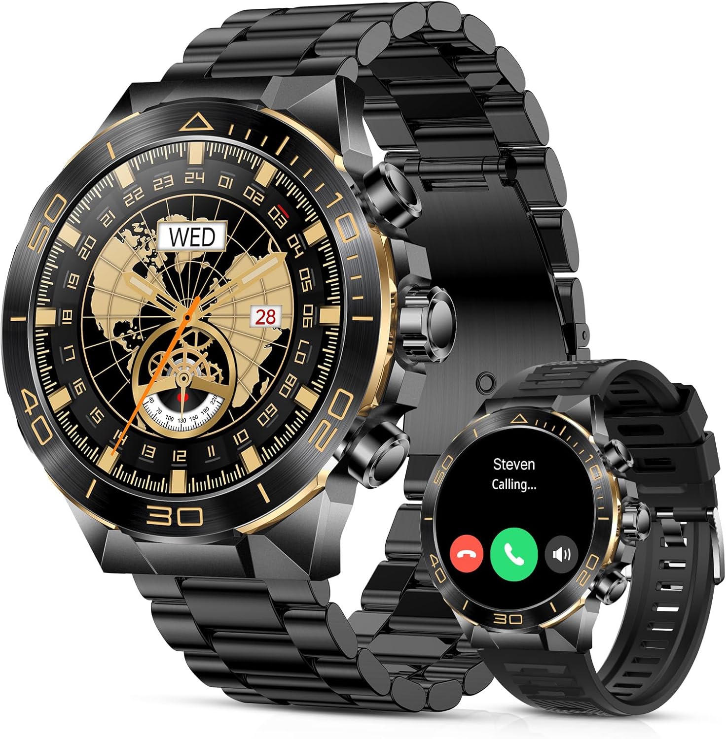 Smart Watch for Men Answer/Make Call for Android iPhone, 1.43" AMOLED HD Screen Mens Luxury Watch, 400mAh Heavy Duty Smartwatch Heart Rate Blood Oxygen Blood Pressure Sleep Monitor Pedometer, 2 Straps - Image 2