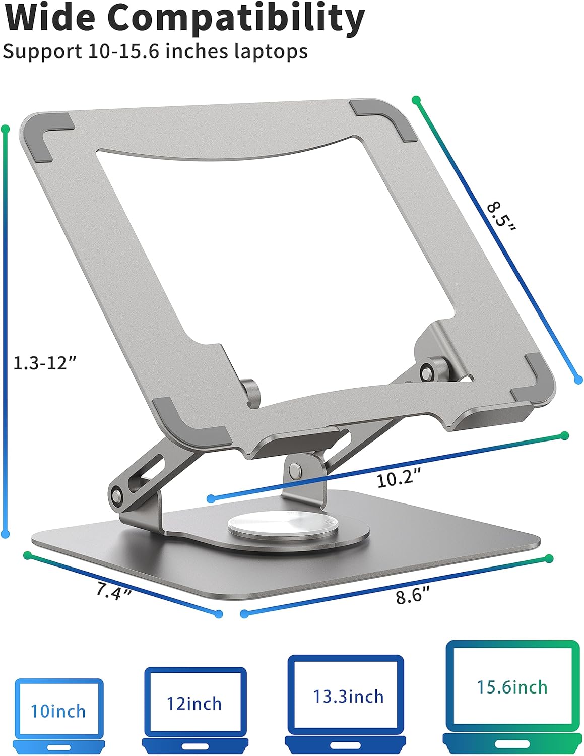 SOUNDANCE Laptop Stand with 360° Rotating Base, Ergonomic Computer Riser for Desk, Adjutable Height Muti-Angle, Foldable Laptop Mount, Stable Metal Holder Support 10-15.6" Notebook PC, Silver Grey - Image 5