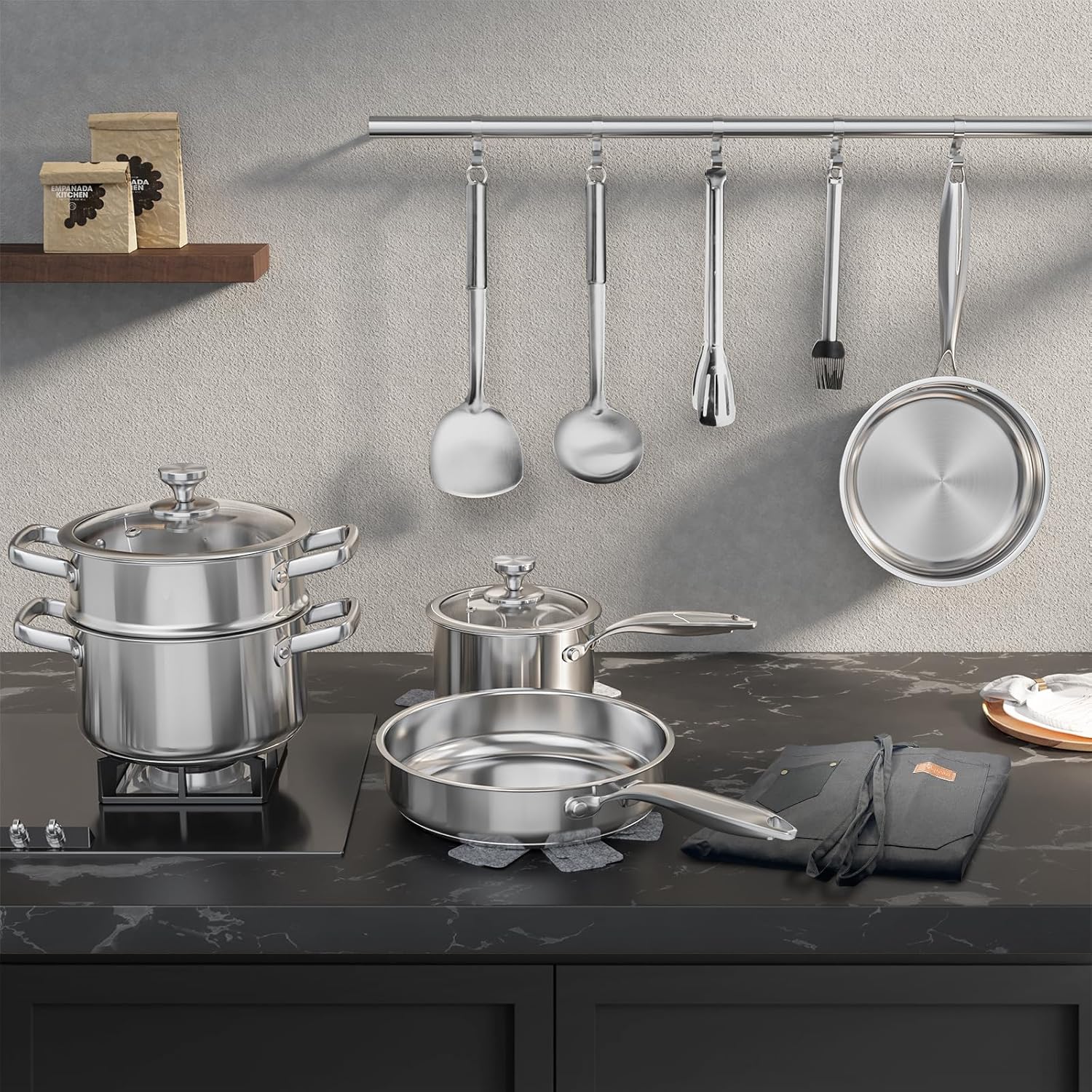 Meythway 𝐔𝐏𝐆𝐑𝐀𝐃𝐄 Pots and Pans Set Non Toxic, 16PCs Stainless Steel Cookware Set with Steamer, Kitchen Induction Cookware with Utensil Sets, Pot Protectors and Apron For Oven & Dishwasher Safe - Image 7