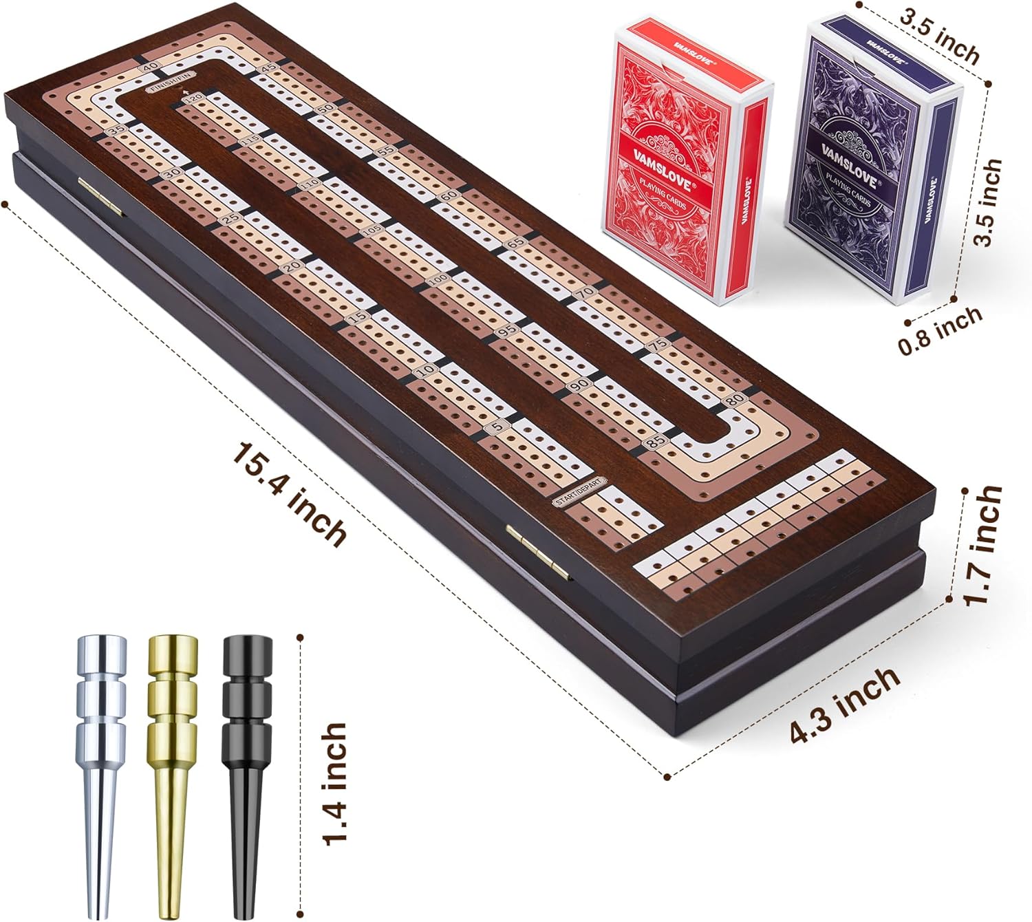 VAMSLOVE Wooden Cribbage Board Game Magnetic 3-Track Scoreboard with Large Slots for Storing 2 Playing Cards and 9 Metal Pegs, Travel Family Game Night (Instruction Included - Image 3