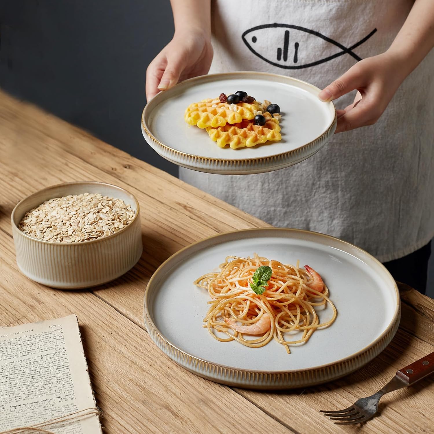 famiware Star Dinner Plates for 6, 10 inches Plate Set, Scratch Resistant, Stoneware Dinnerware, Kitchen Modern Rustic Serving Dishes, Cappuccino White - Image 8