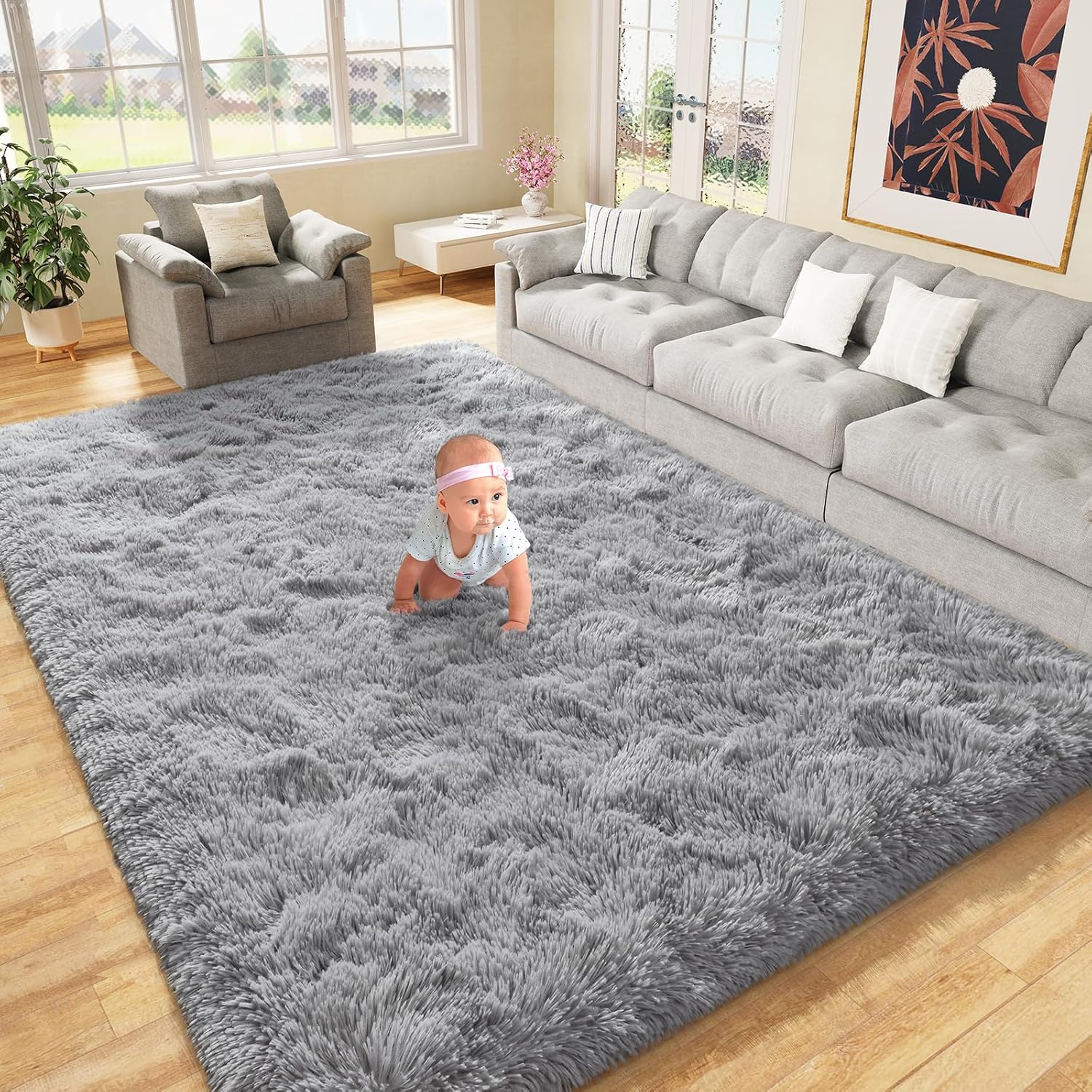 LOCHAS Ultra Soft Indoor Modern Area Rugs Fluffy Living Room Carpets for Children Bedroom Home Decor Nursery Rug 4x5.3 Feet, Gray - Image 2