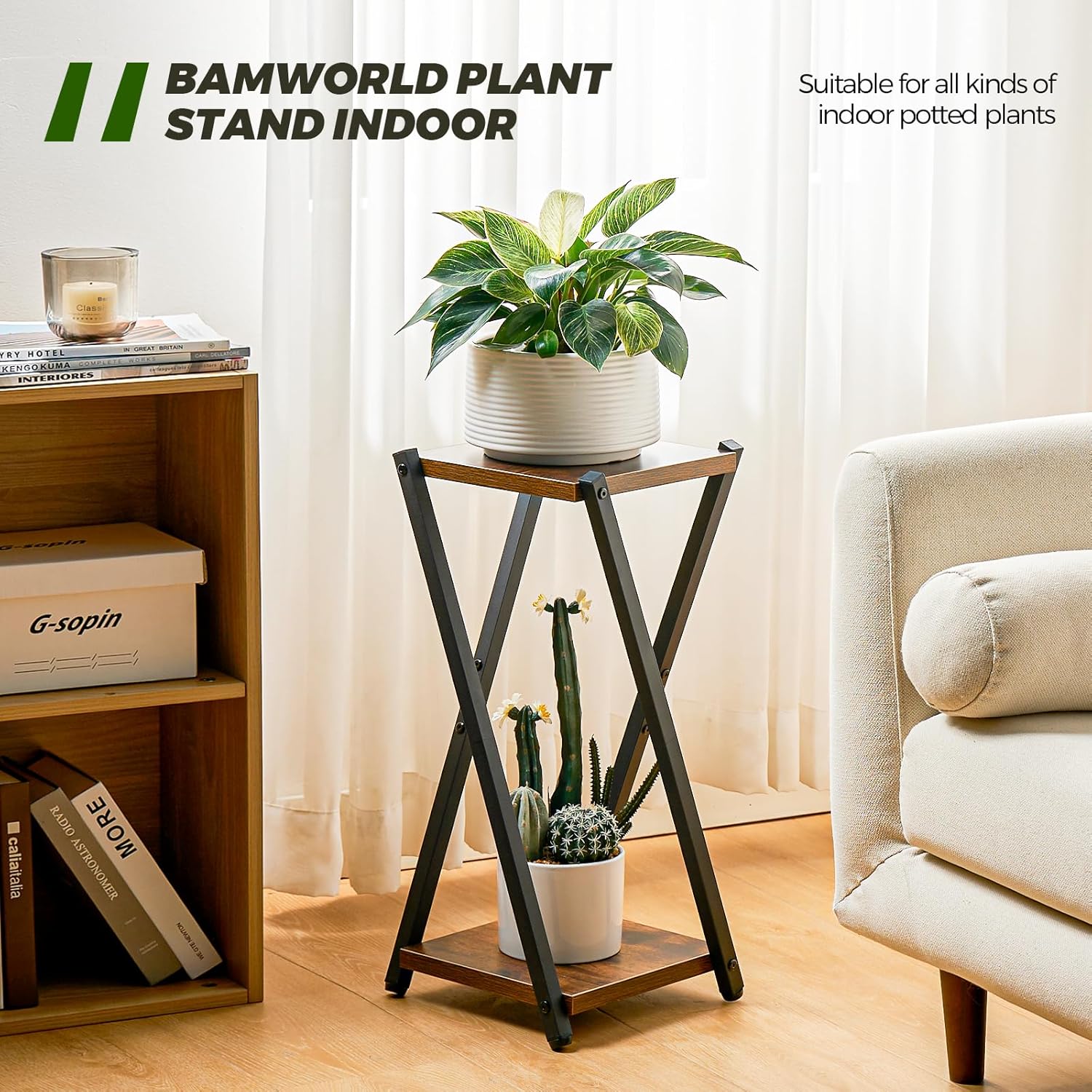 Bamworld Corner Plant Stand Indoor Small Plant Shelf 2 Tier Flower Stand Wood Plant Table Metal Plant Rack for Multiple Plant Heavy Duty Flower Pot Stand for Living Room Bedroom Balcony Garden Patio - Image 3