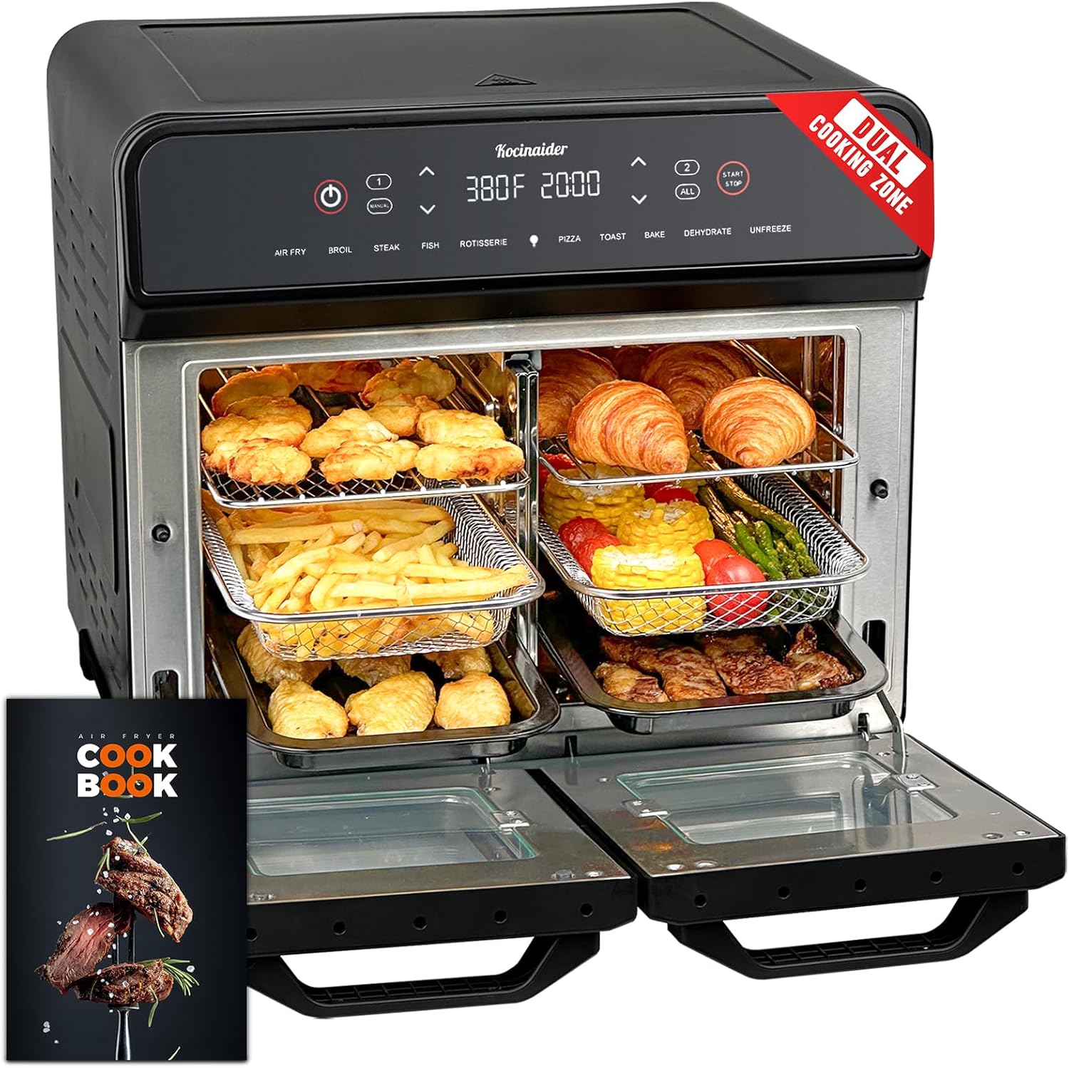 24Qt Dual Zone Air Fryer Oven with Rotisserie, Large Double Air Fryers Mini Oven Digital 1800W 10 in 1 Airfryer Countertop Convection Oven Electric and Grill, Stainless Steel Inner, 360° Even Heating - Image 2