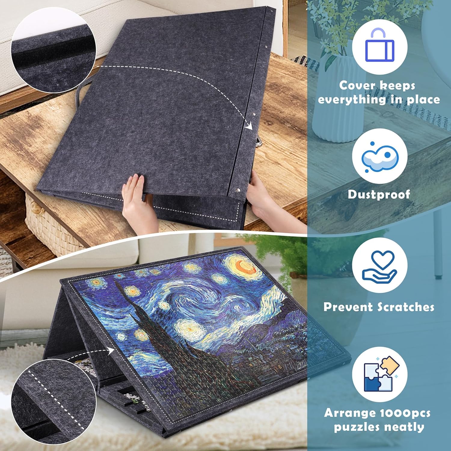 Pllieay 1000 Pieces Jigsaw Puzzle Board with 6 Drawers and Cover, 30"x22" Felt Jigsaw Puzzle Table for Adults, Portable Puzzle Organizer & Storage System, Puzzle Accessories Birthday Gift - Image 5